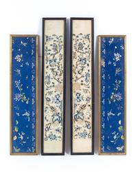 A Group of Four Chinese Embroidered Silk Panels Height of each 24 1/4 x width 5 3/4 inches.