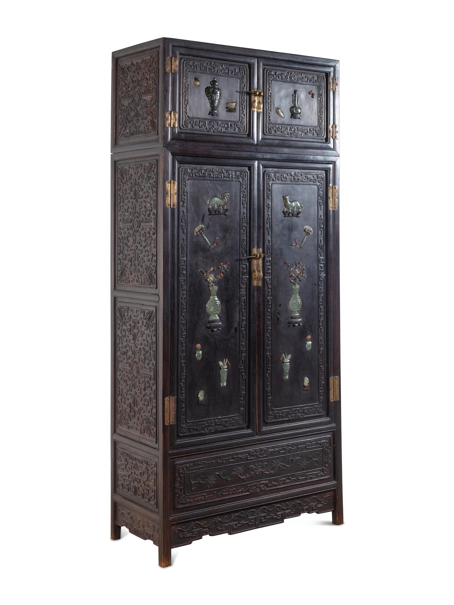 A Chinese Jade and Hardstone Inset Hardwood Compound Cabinet, Dingxianggui