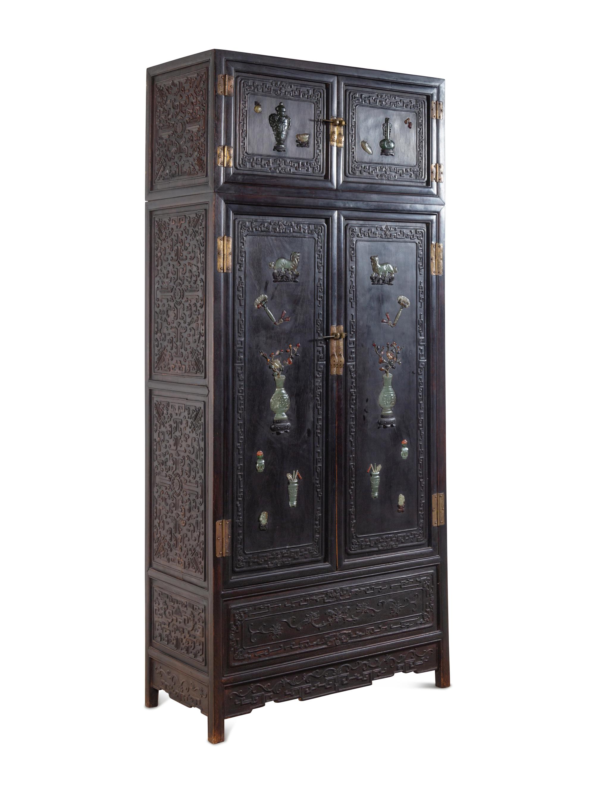A Chinese Jade and Hardstone Inset Hardwood Compound Cabinet, Dingxianggui