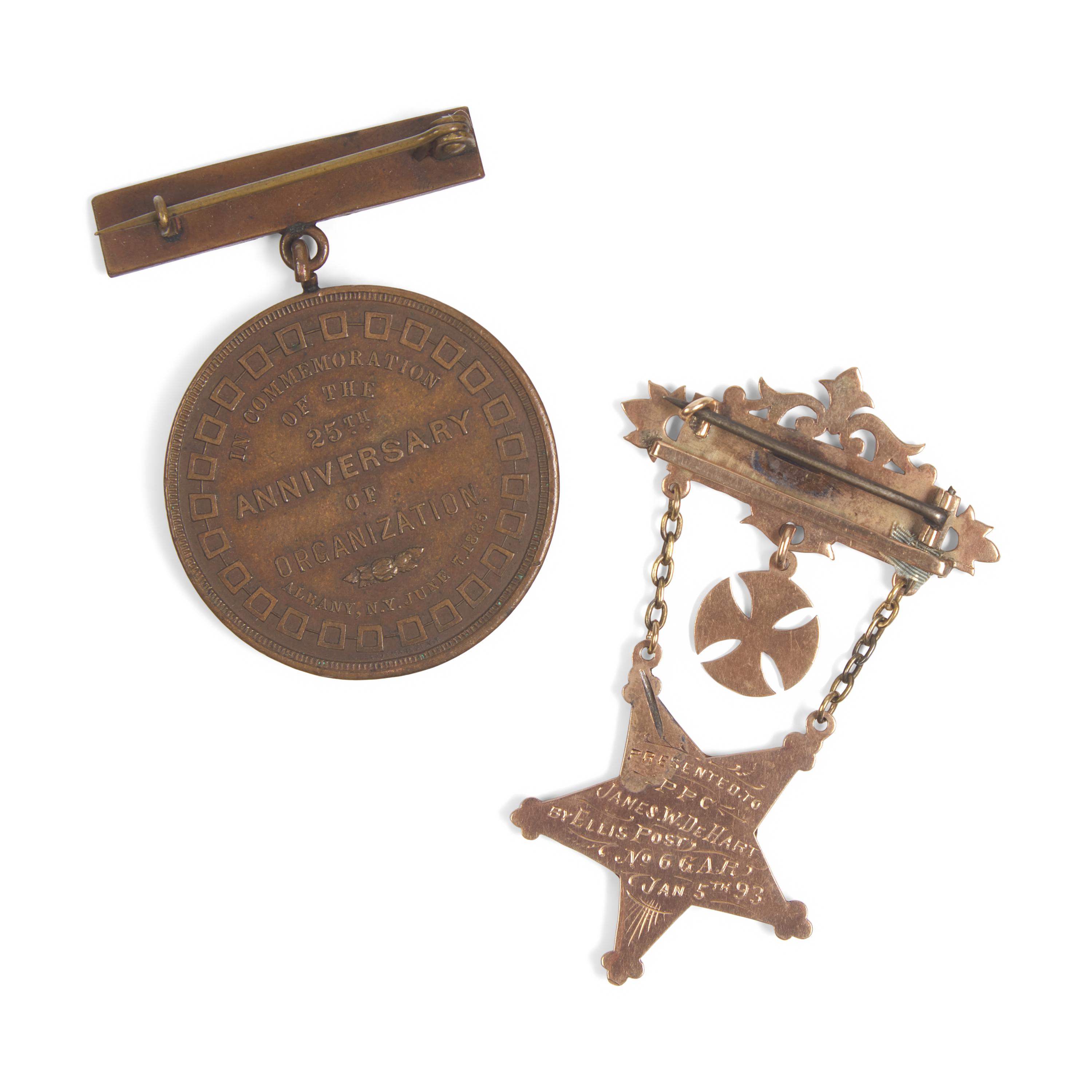 [Civil War] Assortment of service medals, badges, and other artifacts, including Albany Zouave Cadet and N.Y. National Guard badges