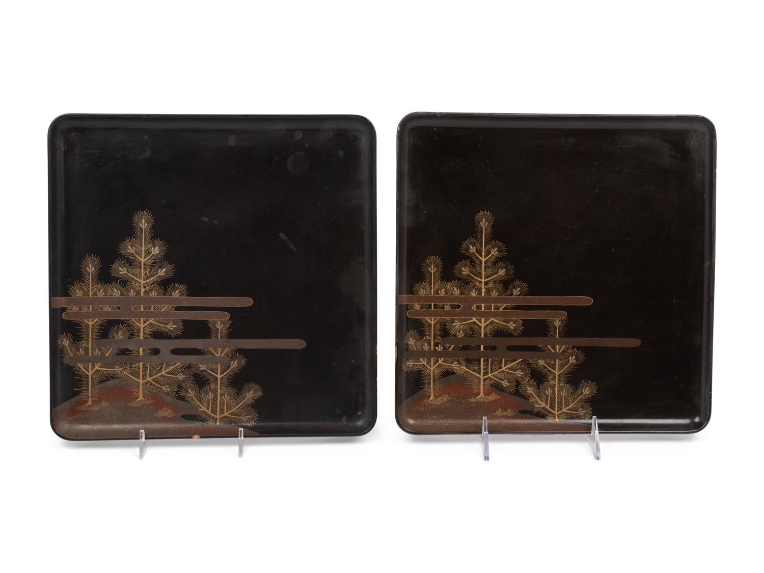 Two Japanese Lacquered Trays with Table Articles
