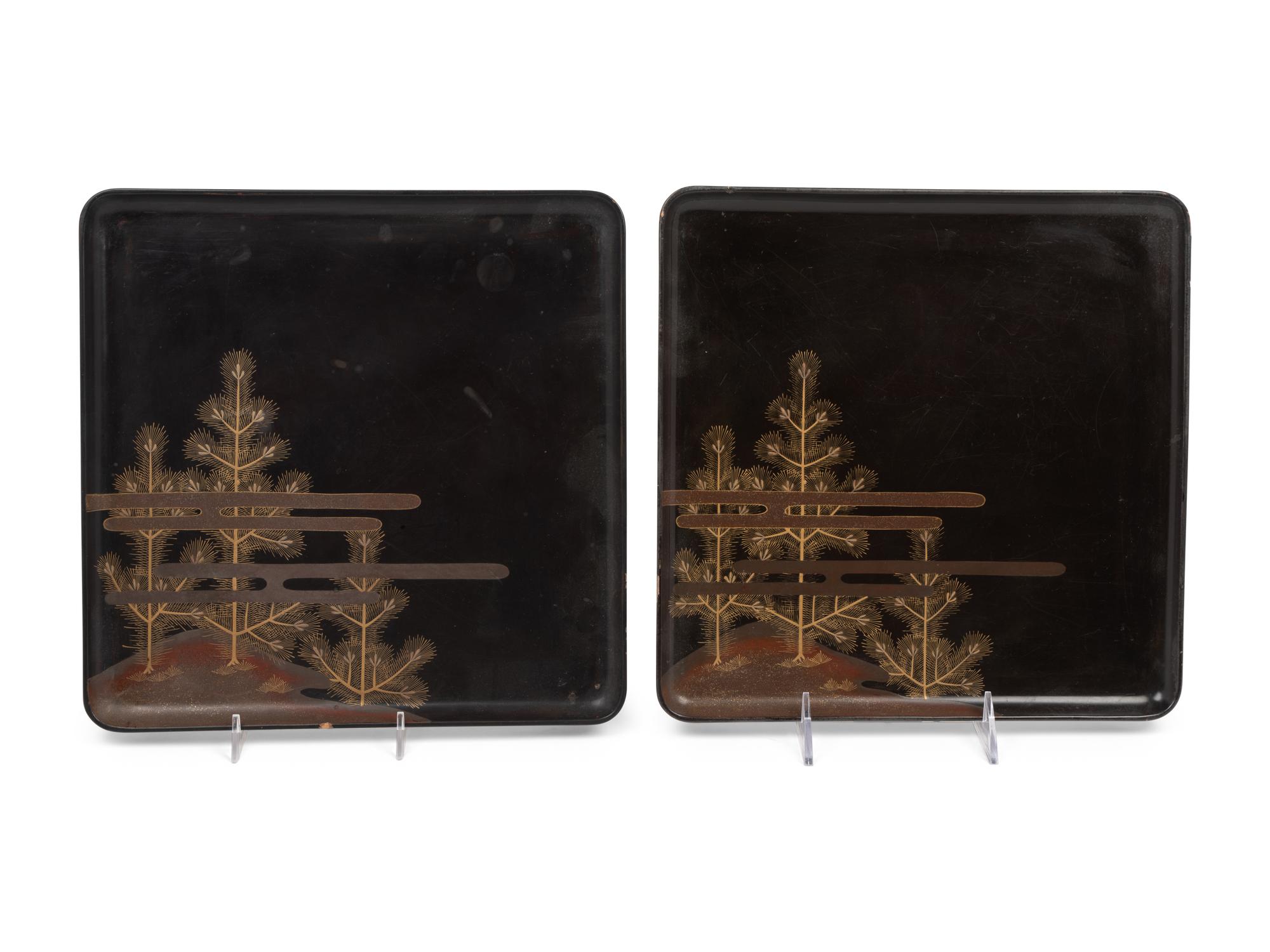 Two Japanese Lacquered Trays with Table Articles