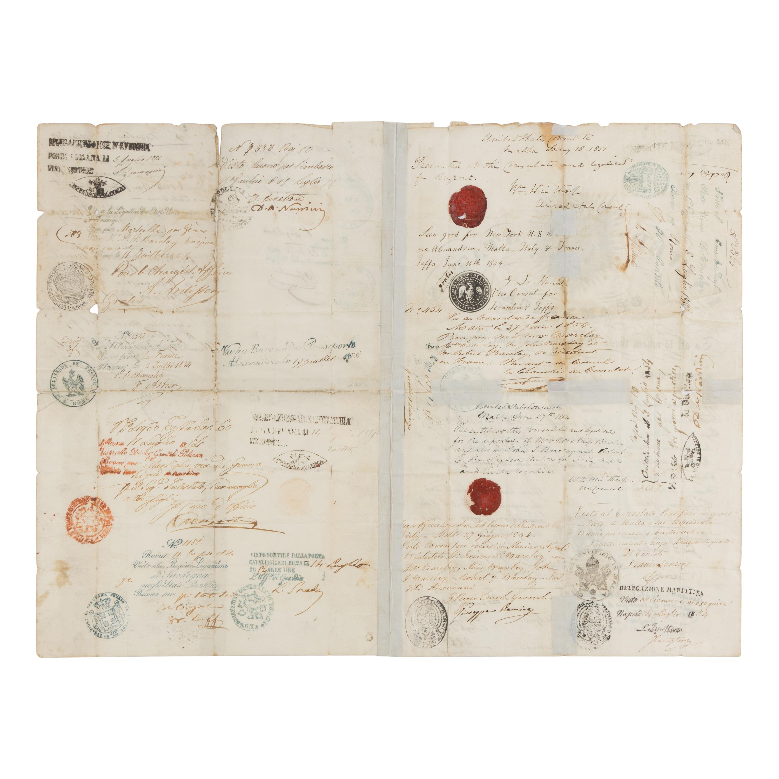[Barclay, James Turner (1807-1874)]. Partly engraved passport document signed (“J. Turner Barclay”), issued to Barclay and countersigned by Daniel Webster as Secretary of State. Washington, D.C., 8 October 1850.