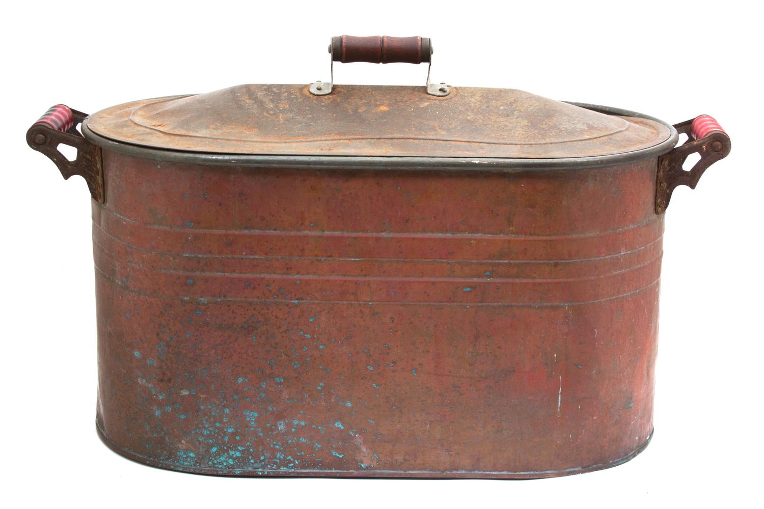 A Copper Coated Two Handle Lidded Steel Tub Length 28 1/4 inches. — 20TH CENTURY
