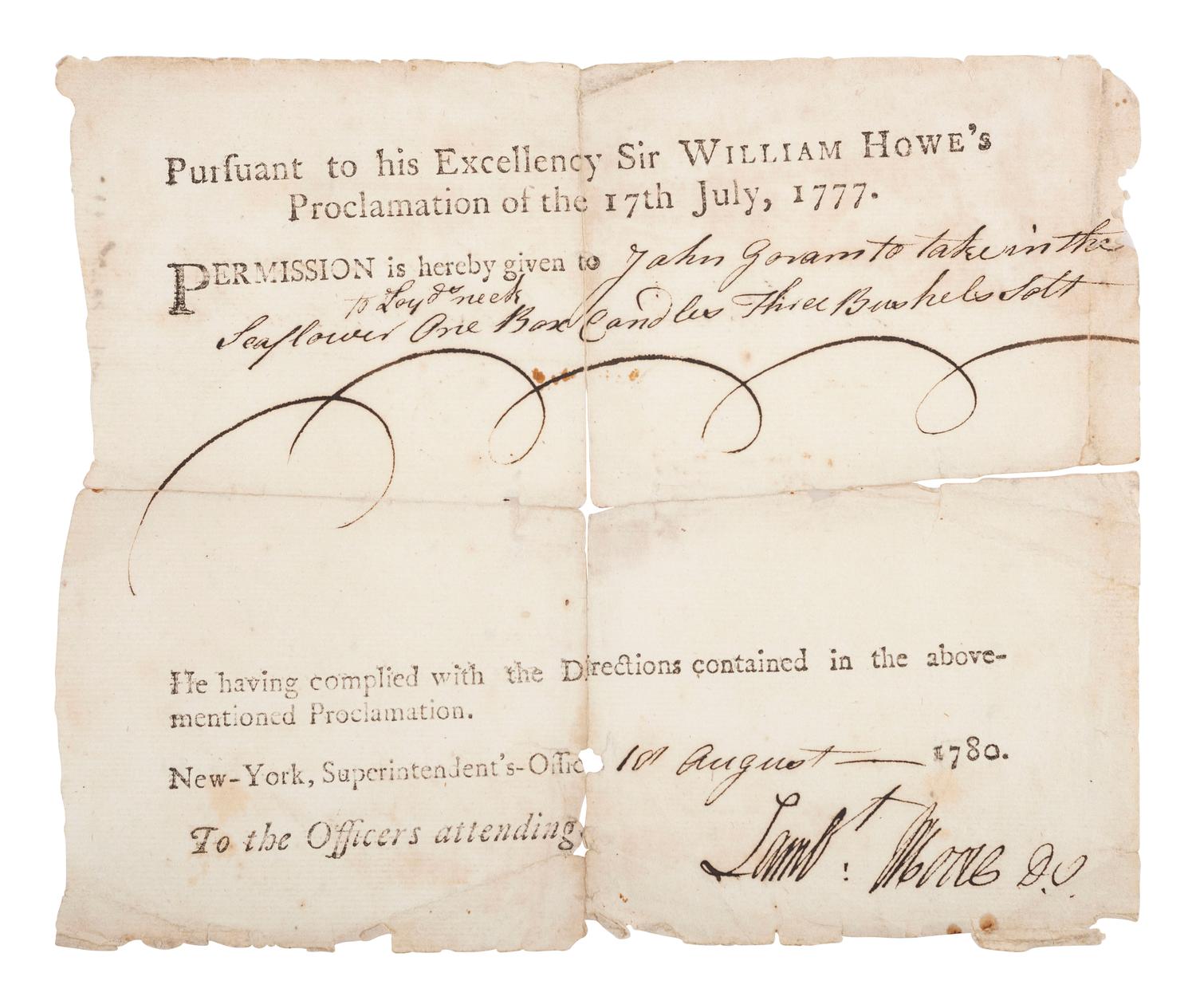 [REVOLUTIONARY WAR]. Partially printed travel pass issued by the British military as per Sir William Howe's 1777 Proclamation. New York, 10 August 1780.