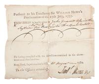 [REVOLUTIONARY WAR]. Partially printed travel pass issued by the British military as per Sir William Howe's 1777 Proclamation. New York, 10 August 1780.