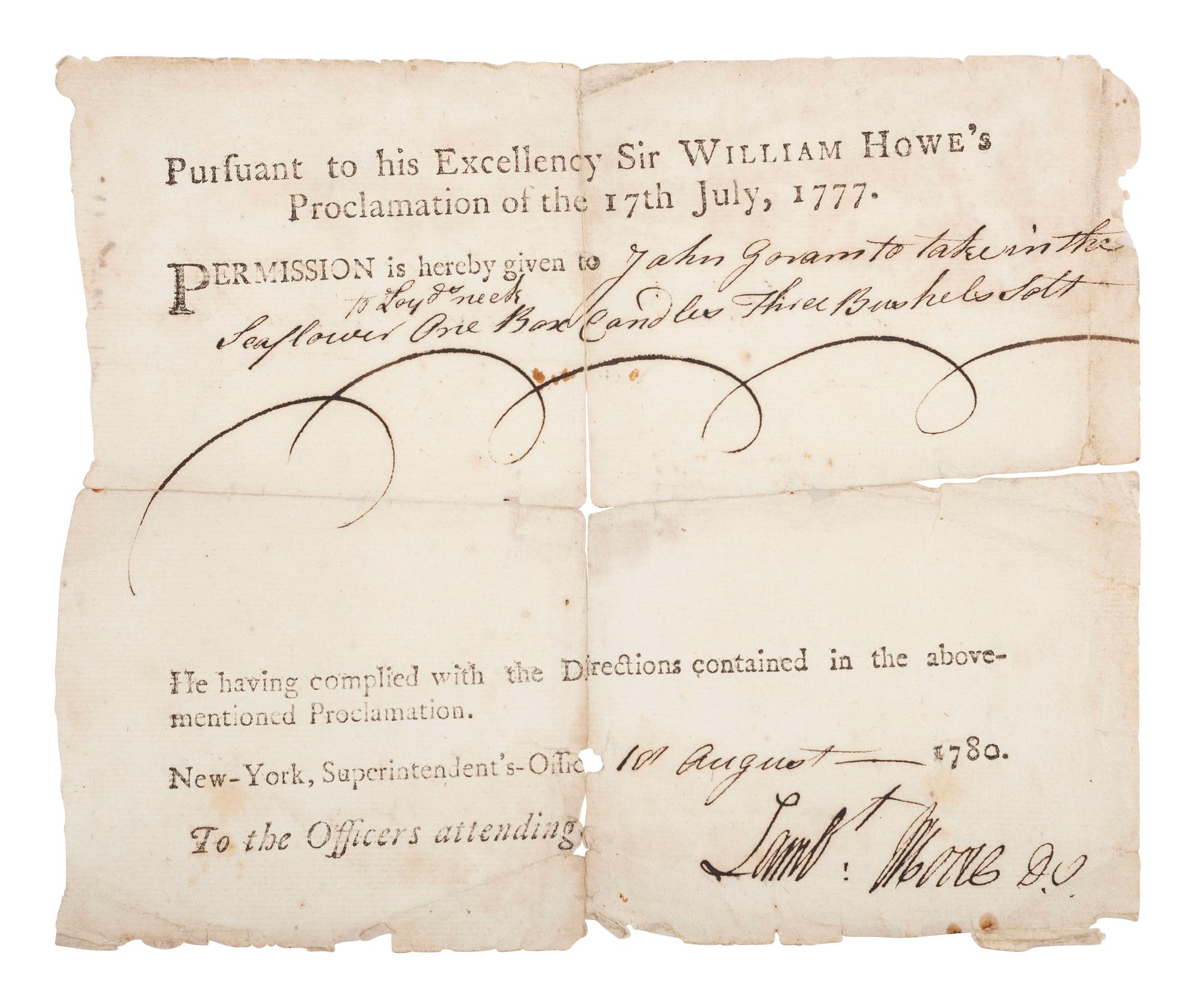 [REVOLUTIONARY WAR]. Partially printed travel pass issued by the British military as per Sir William Howe's 1777 Proclamation. New York, 10 August 1780.