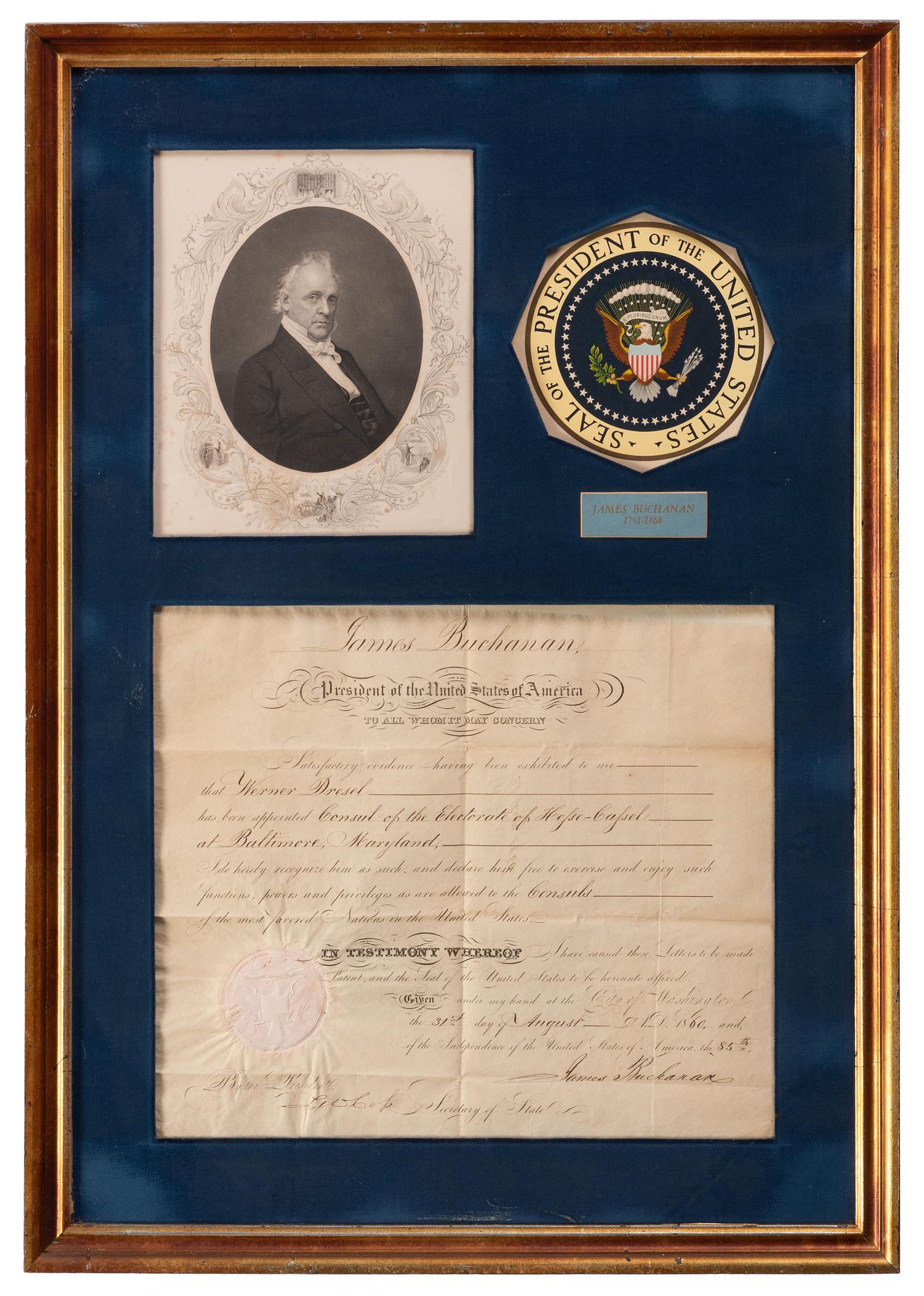 BUCHANAN, James (1791-1868). Appointment signed as President. 31 August 1860.