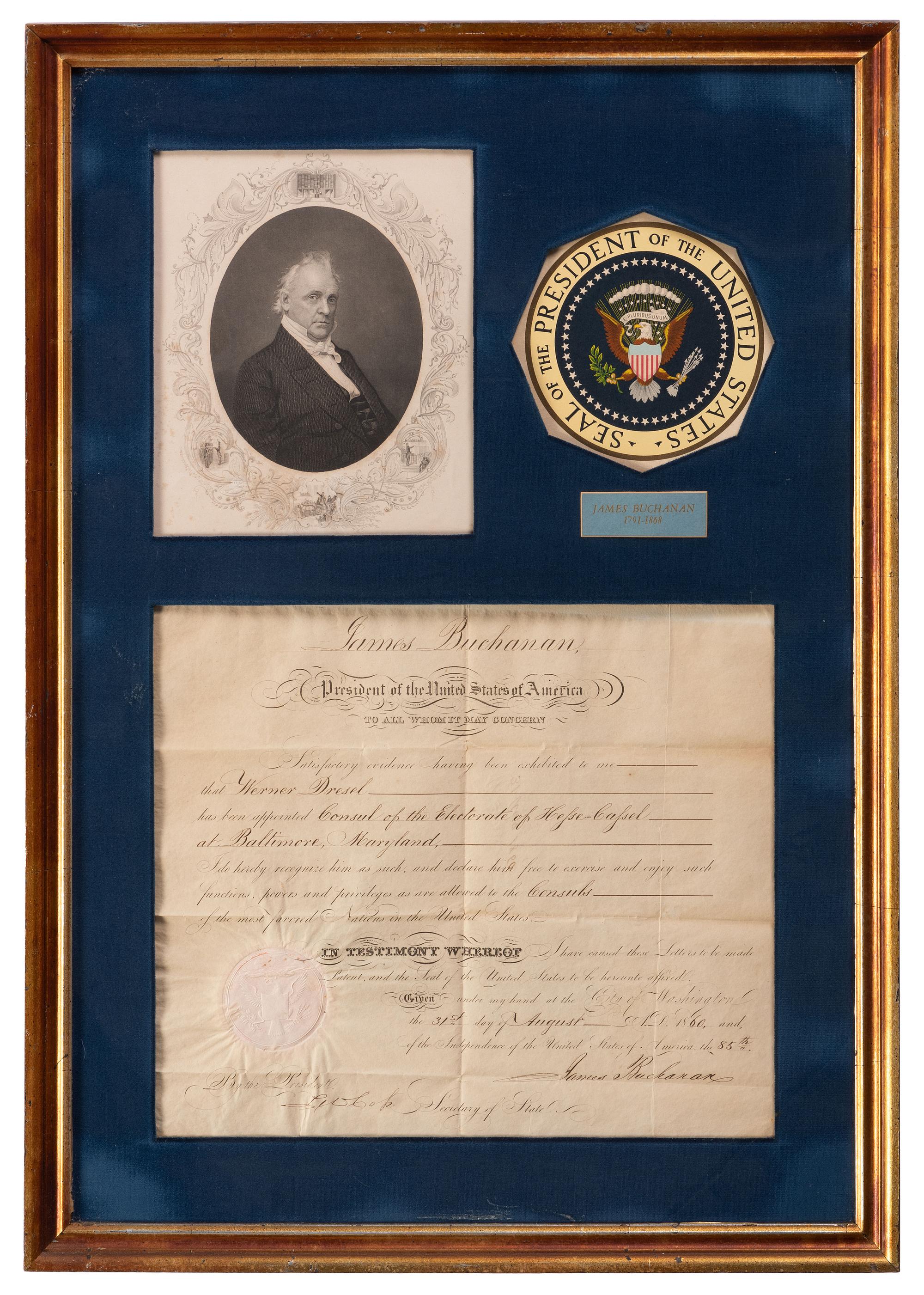 BUCHANAN, James (1791-1868). Appointment signed as President. 31 August 1860.