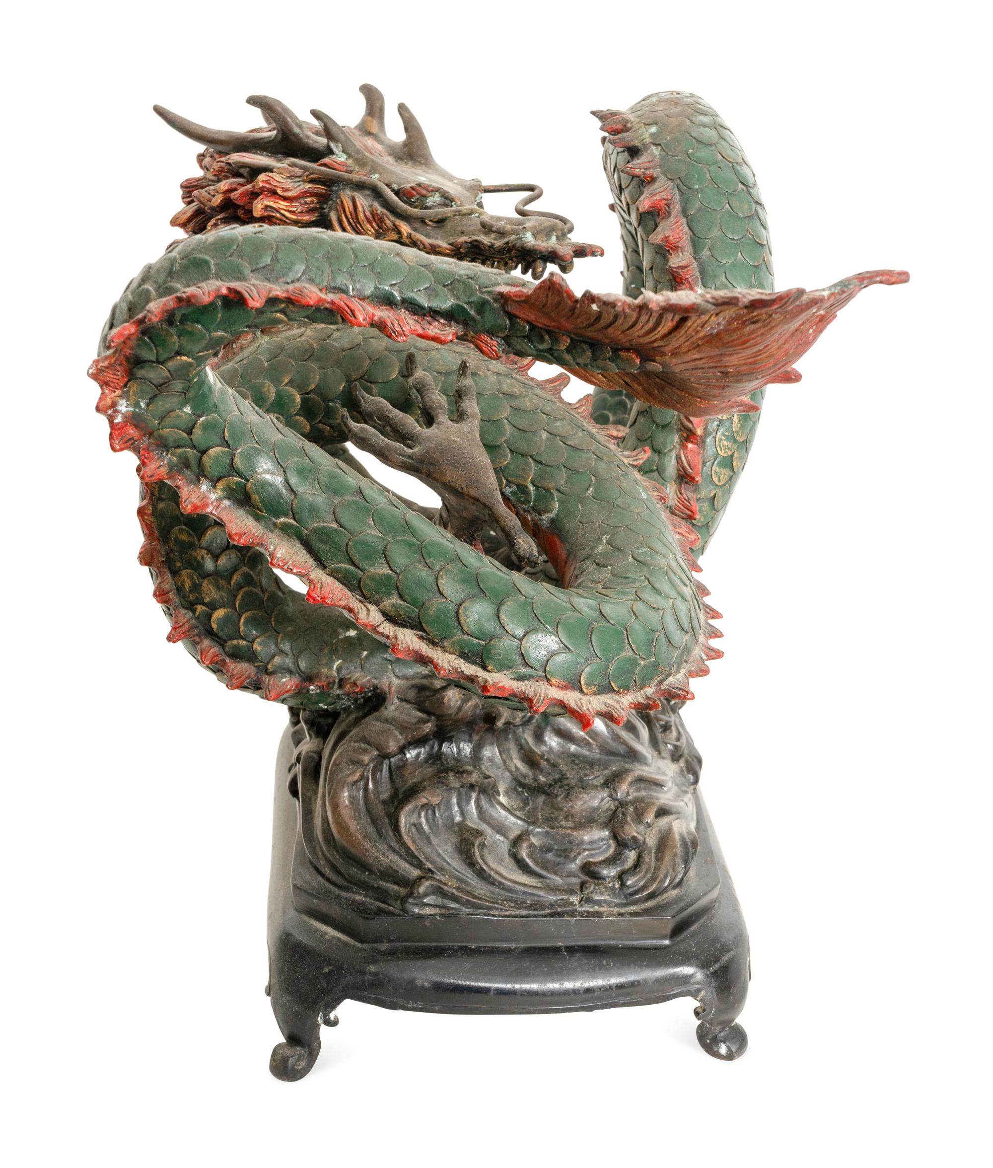 A Chinese Polychromed Bronze Dragon Fountain