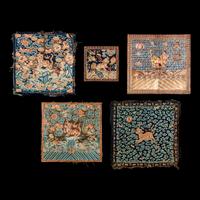 Five Chinese Embroidered Silk Military Official's Rank Badges, Buzi , 19th Century 清中晚期 刺綉補子五幅