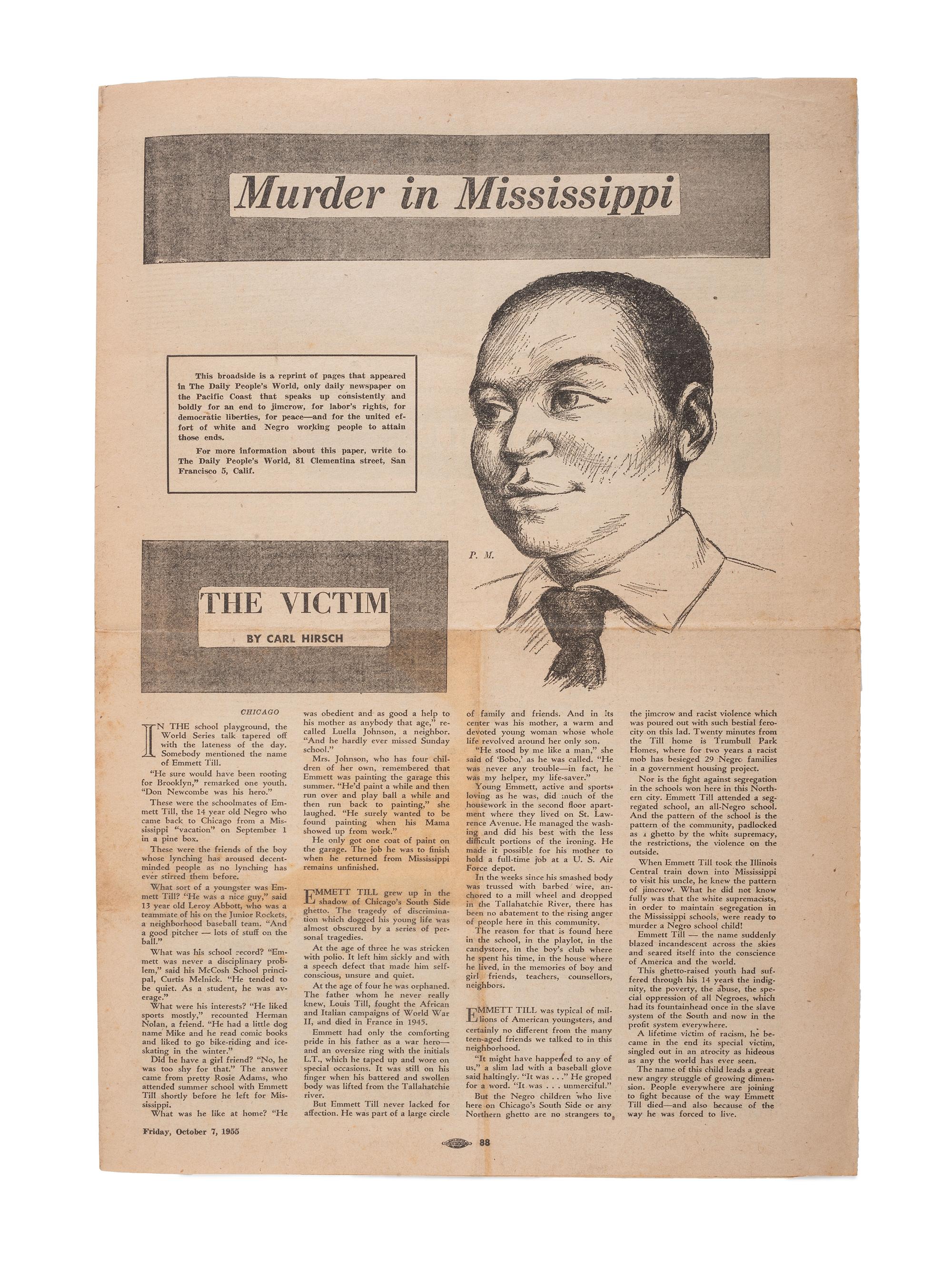 [TILL, Emmett (1941-1955)]. Murder in Mississippi. [San Francisco]: [ Daily People's World ], 1955. Special broadside offprint.