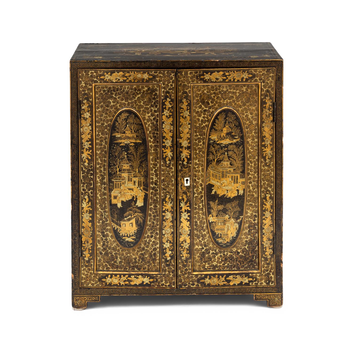 A Chinese Export Black and Gilt Lacquer Collector's Cabinet