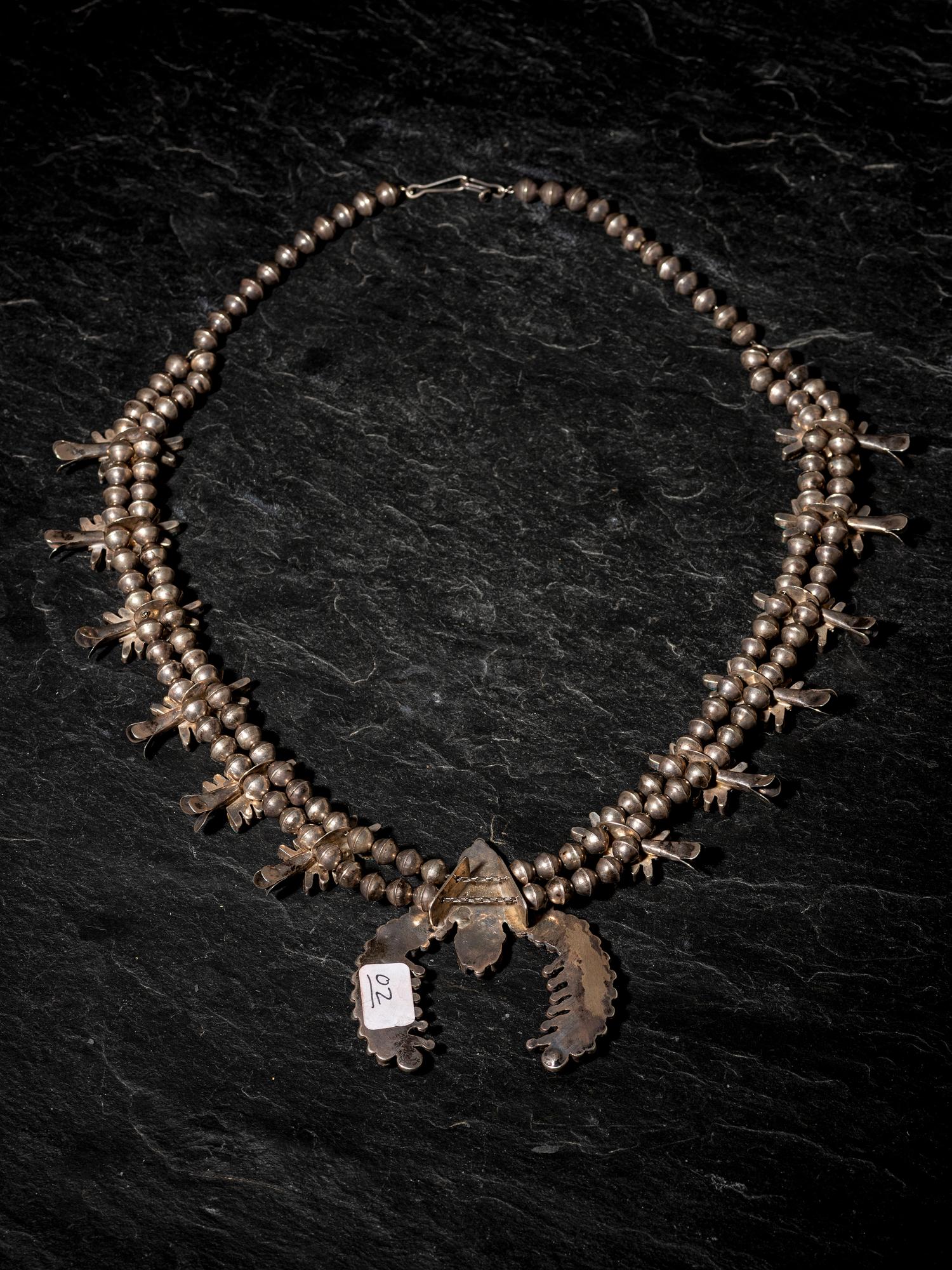 Zuni Silver and Petit Point Turquoise Cluster Squash Blossom Necklace