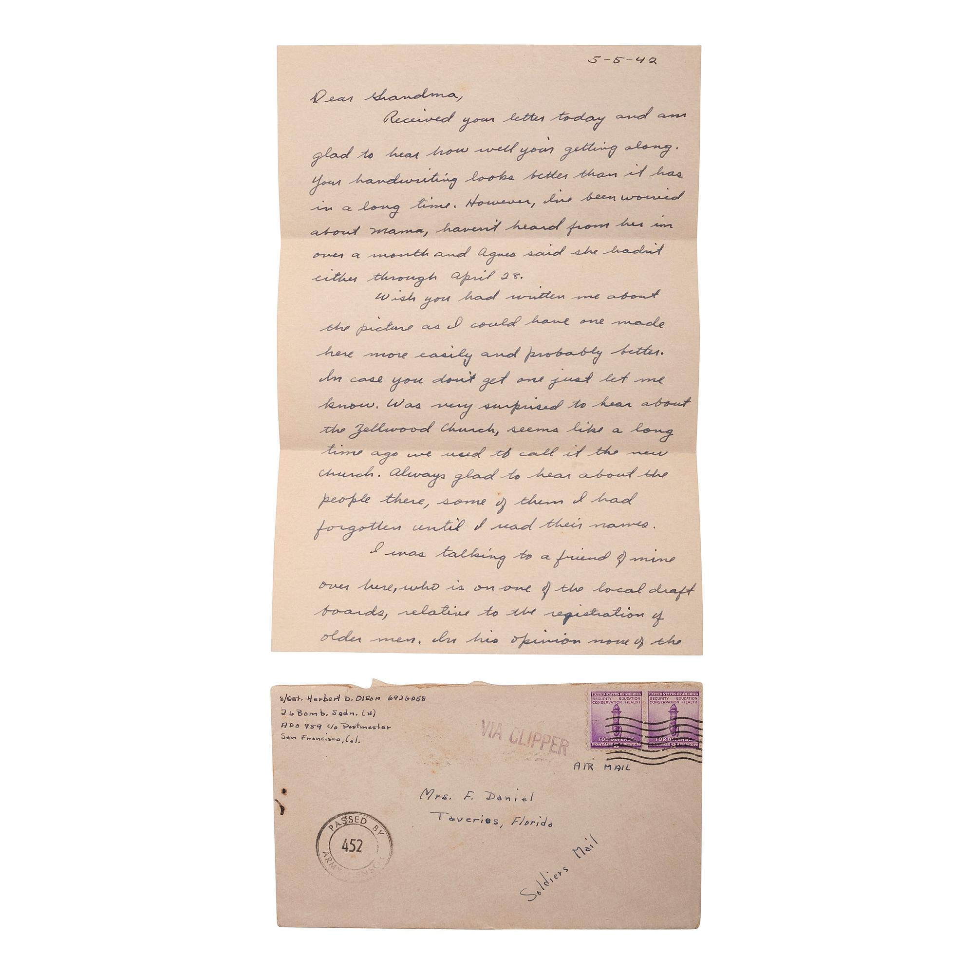 [AVIATION] - [WORLD WAR II]. A group of 9 soldiers' letters including Trans-Pacific Air Mail sent via the Pan American Airways California Clipper , comprising: