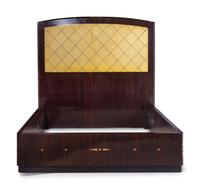 A Swedish Acrylic Inlaid Rosewood and Parchment Veneered Queen Bed with Matching Side Cabinets