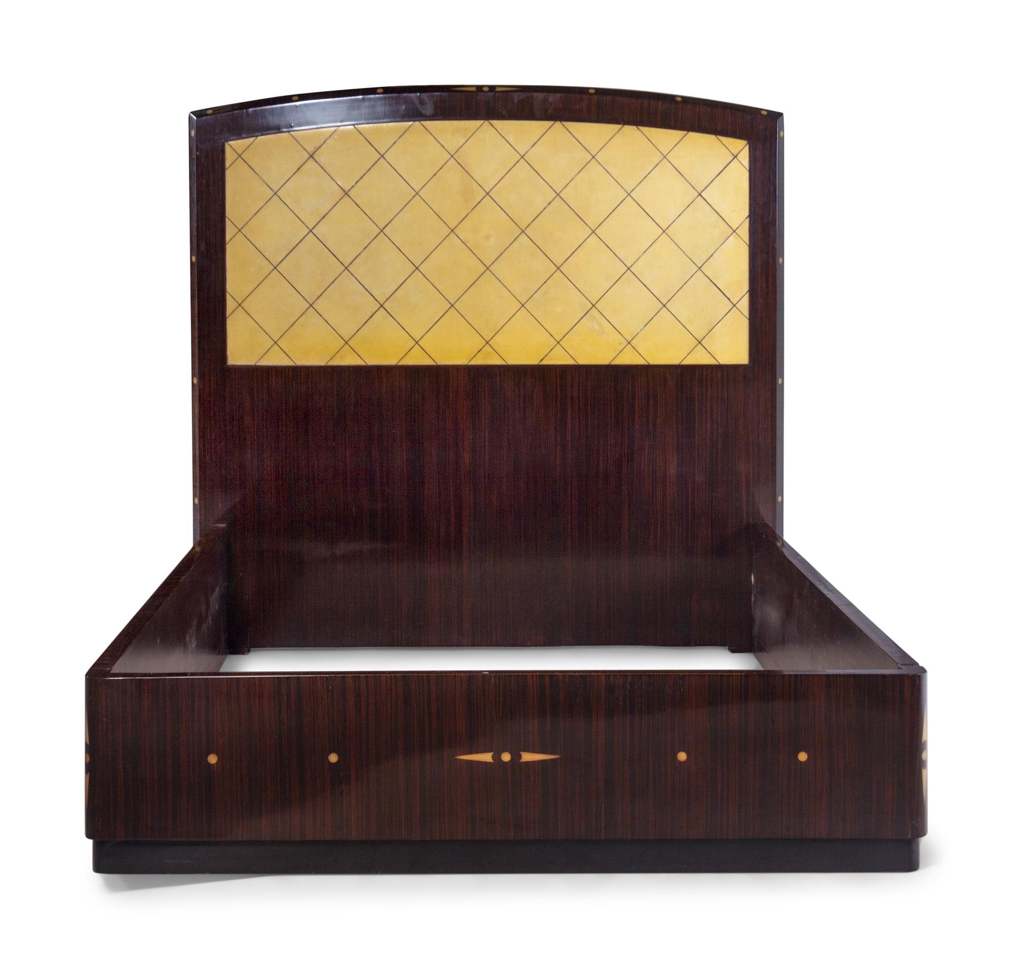 A Swedish Acrylic Inlaid Rosewood and Parchment Veneered Queen Bed with Matching Side Cabinets