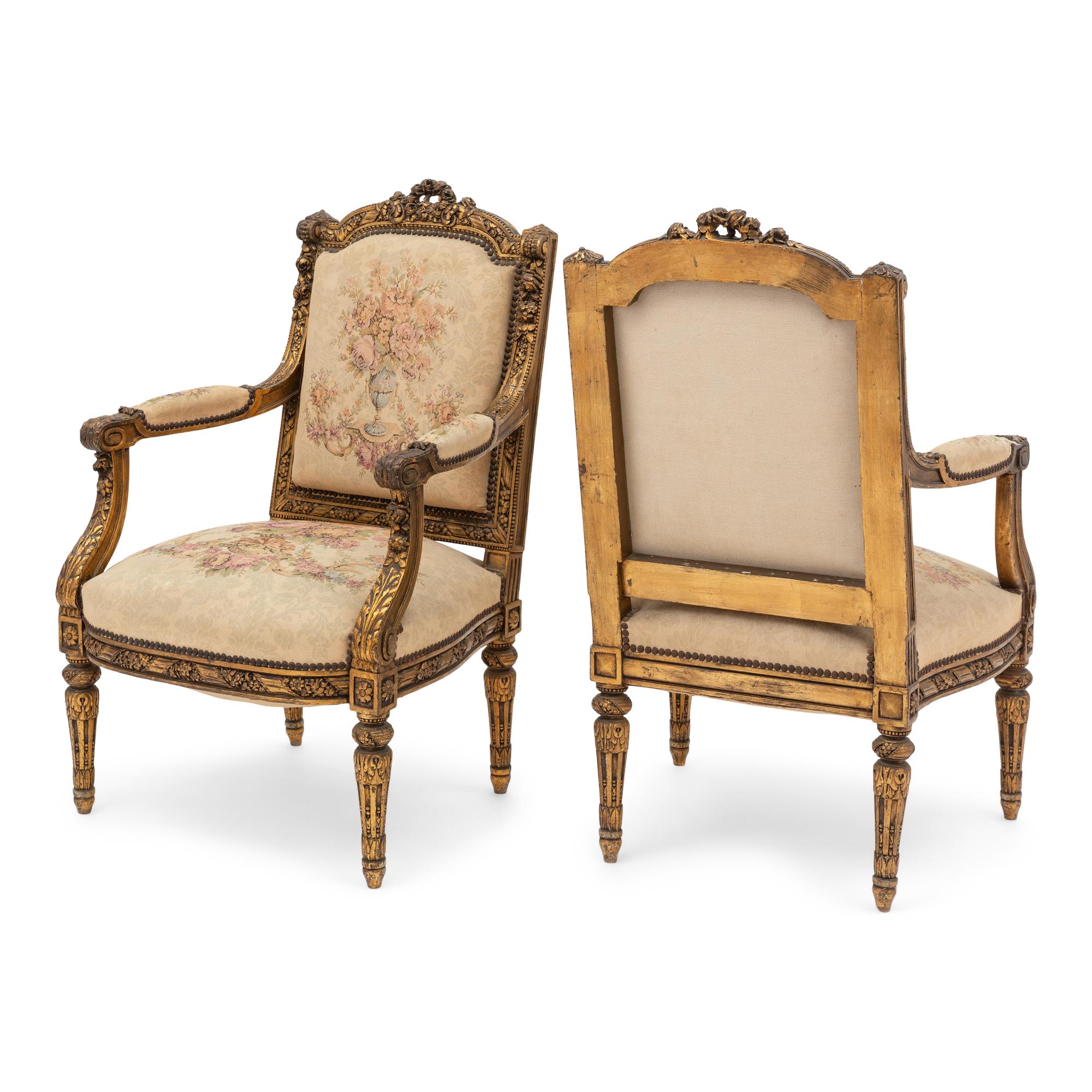 A Pair of Louis XVI Style Giltwood Fauteuils
