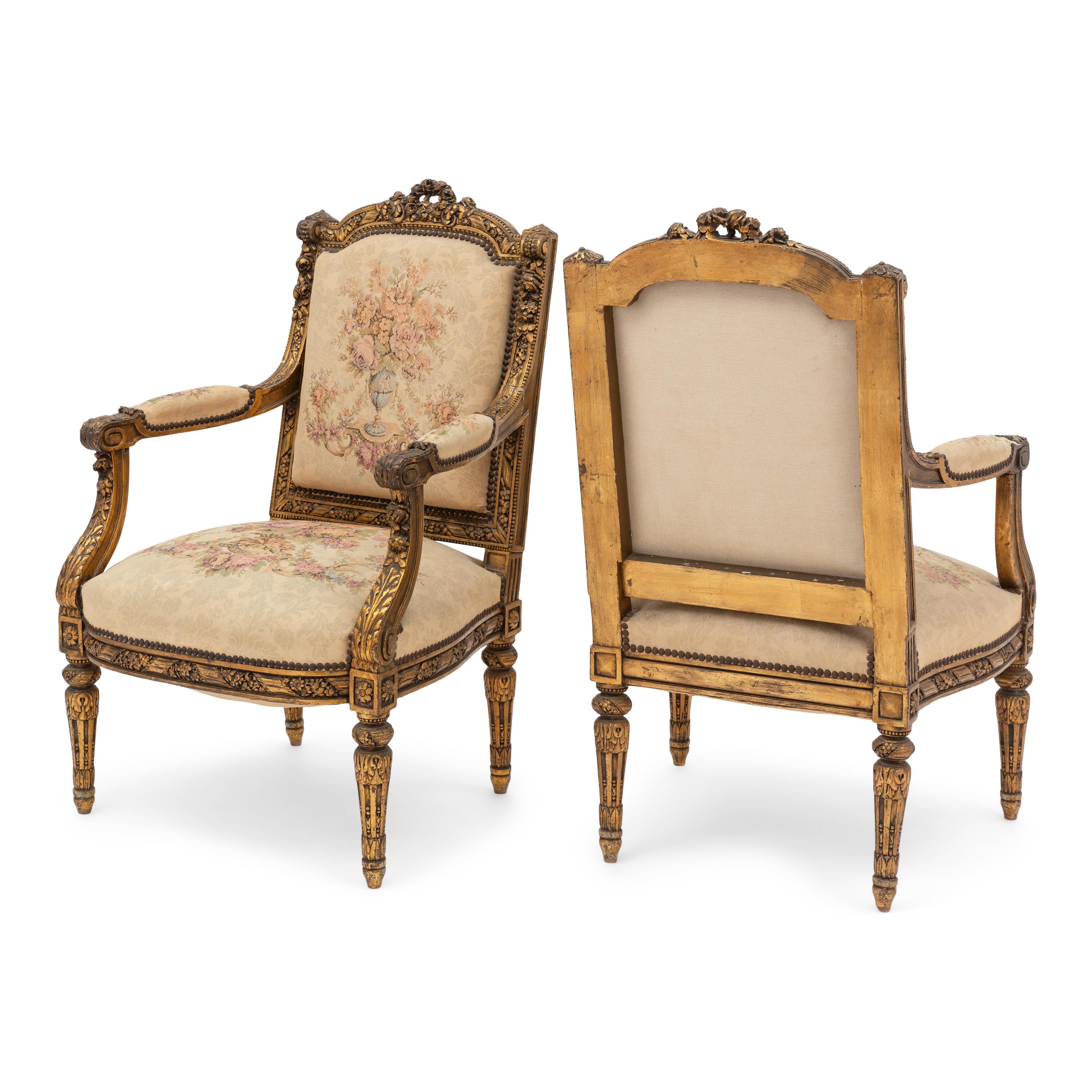 A Pair of Louis XVI Style Giltwood Fauteuils
