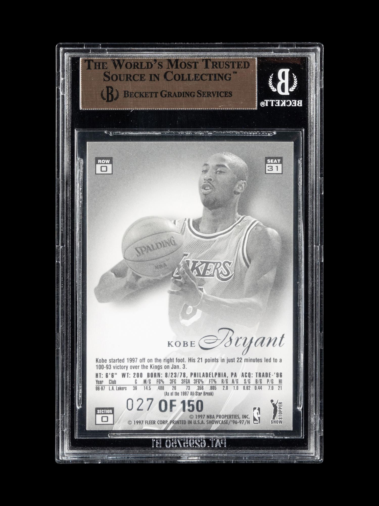 A 1996-97 Flair Showcase Legacy Collection Row 0 Kobe Bryant Rookie Basketball Card No. 31 (BGS 9.5 GEM MINT), Pop 20, Only One Graded Higher