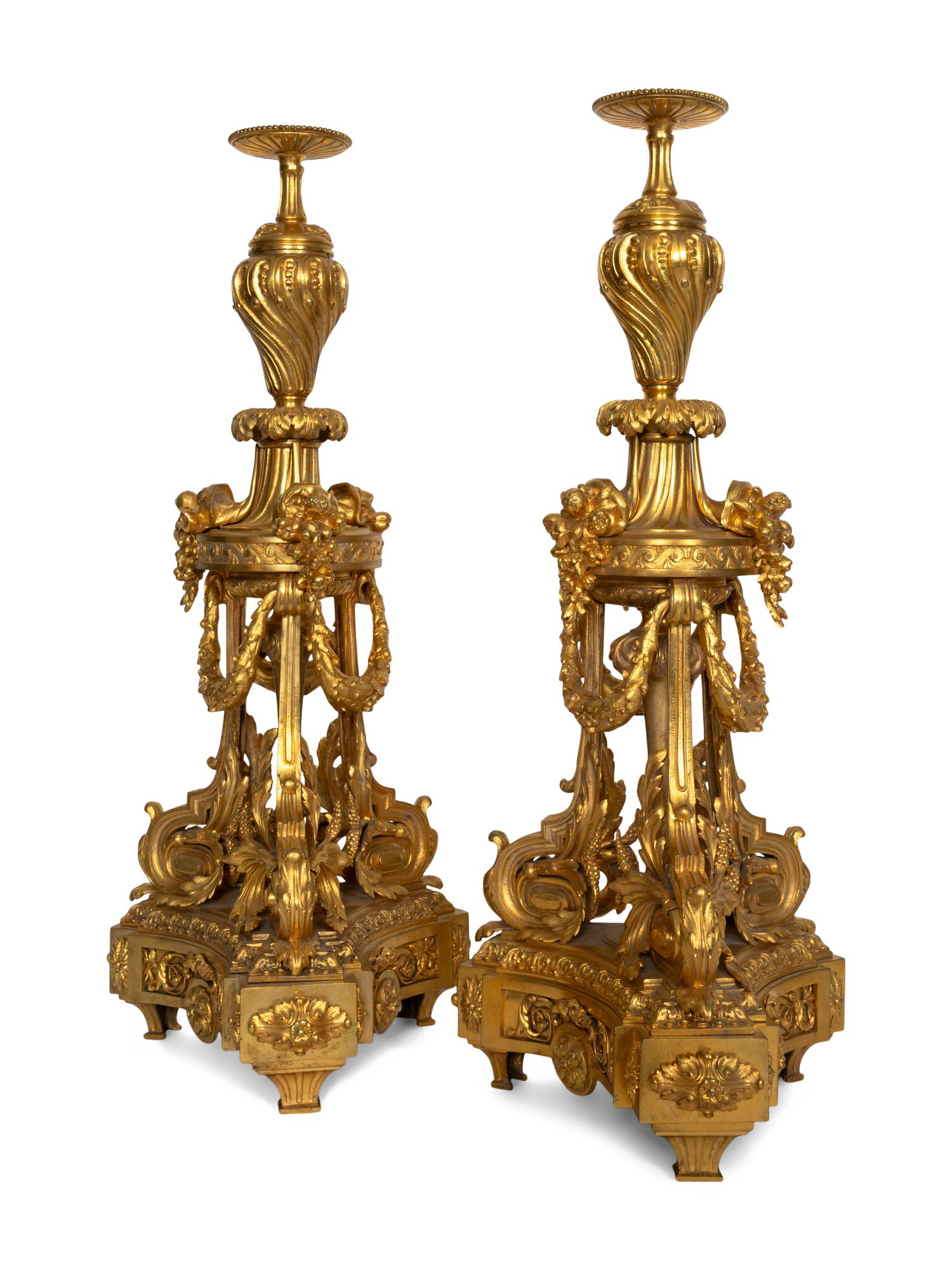 A Pair of Fine Louis XVI Gilt Bronze Candle Stands