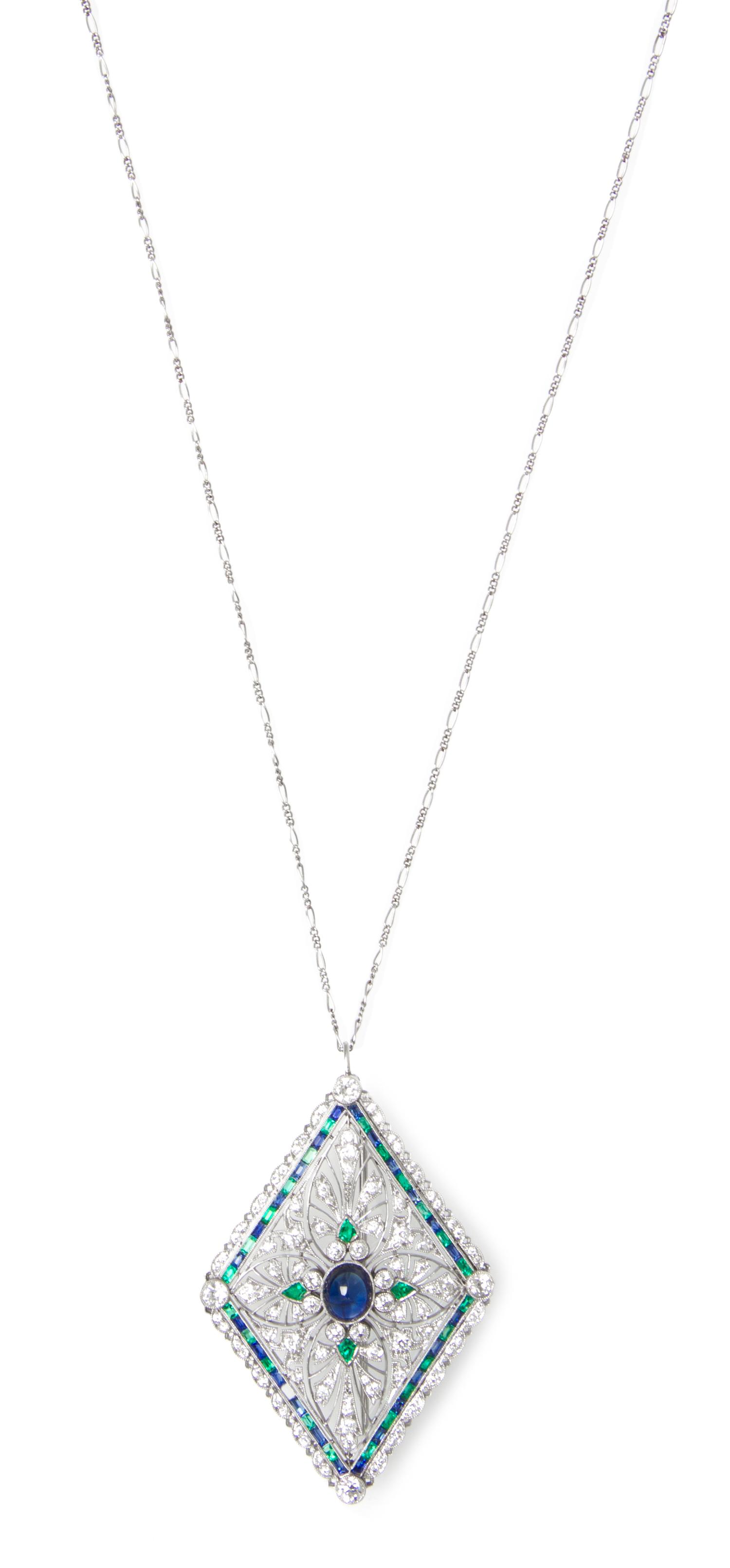 A Fine Platinum, Sapphire, Diamond and Emerald Pendant/Brooch, Tiffany & Co., Circa 1912, 13.70 dwts.