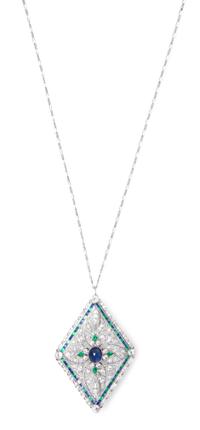 A Fine Platinum, Sapphire, Diamond and Emerald Pendant/Brooch, Tiffany & Co., Circa 1912, 13.70 dwts.