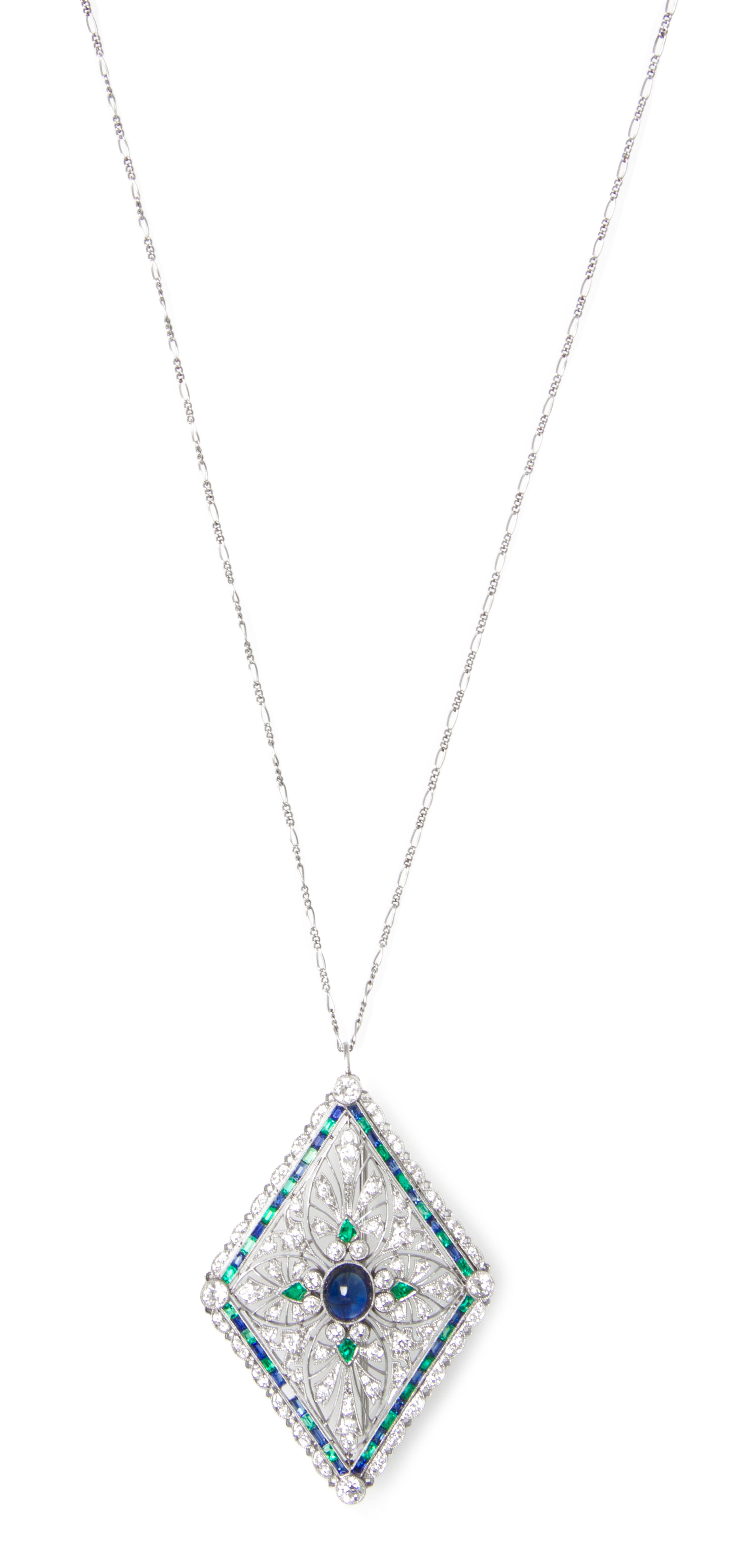 A Fine Platinum, Sapphire, Diamond and Emerald Pendant/Brooch, Tiffany & Co., Circa 1912, 13.70 dwts.