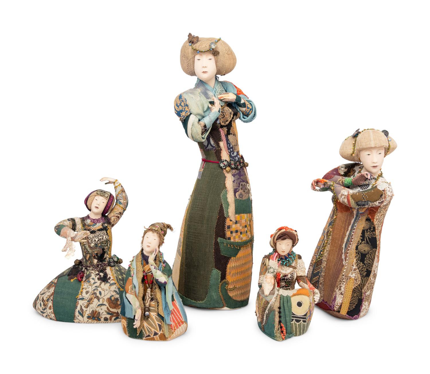 A Group of Five Contemporary Japanese Patchwork Embroidered Figures
