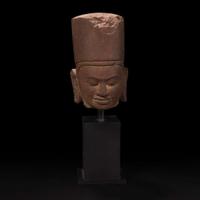 A carved red sandstone head of Vishnu in Khmer style 高棉风格红砂岩吡湿奴头像
