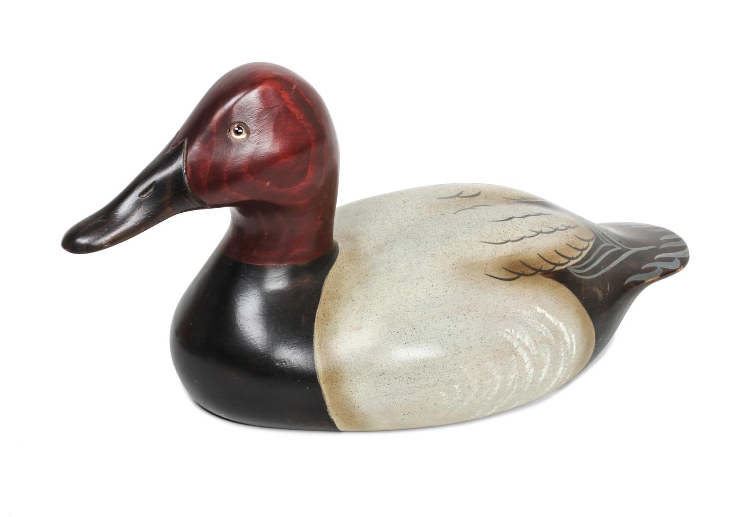 Three Painted Wood Duck Decoys Height 8 1/4 x length 15 x width 7 1/4 inches (largest)