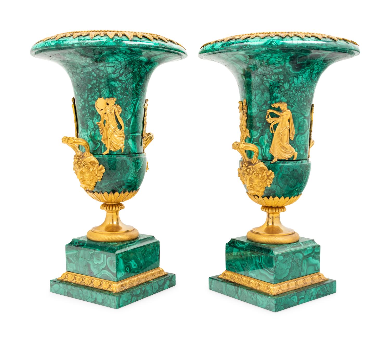 A Pair of Gilt Bronze Mounted Malachite Urns