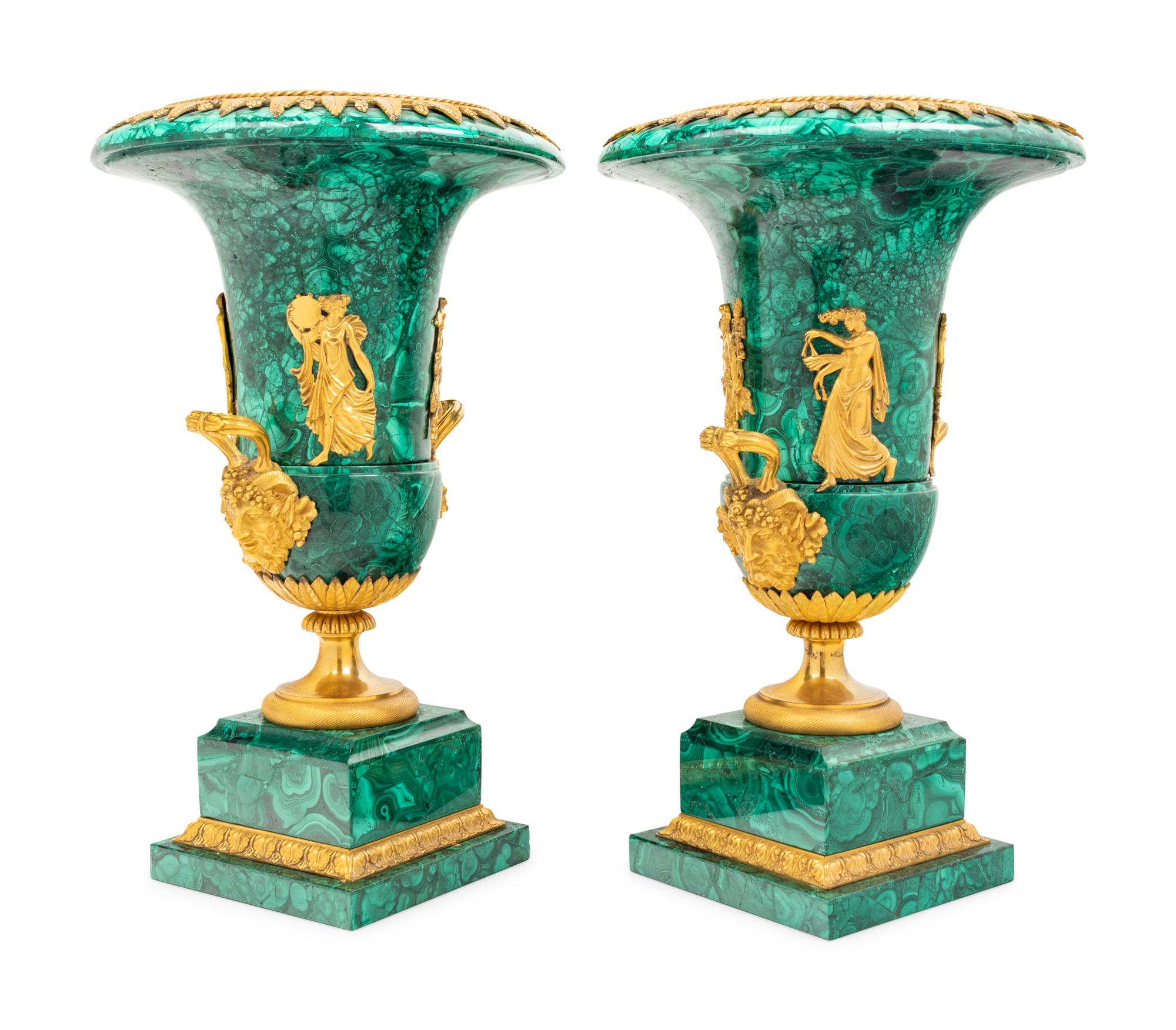 A Pair of Gilt Bronze Mounted Malachite Urns