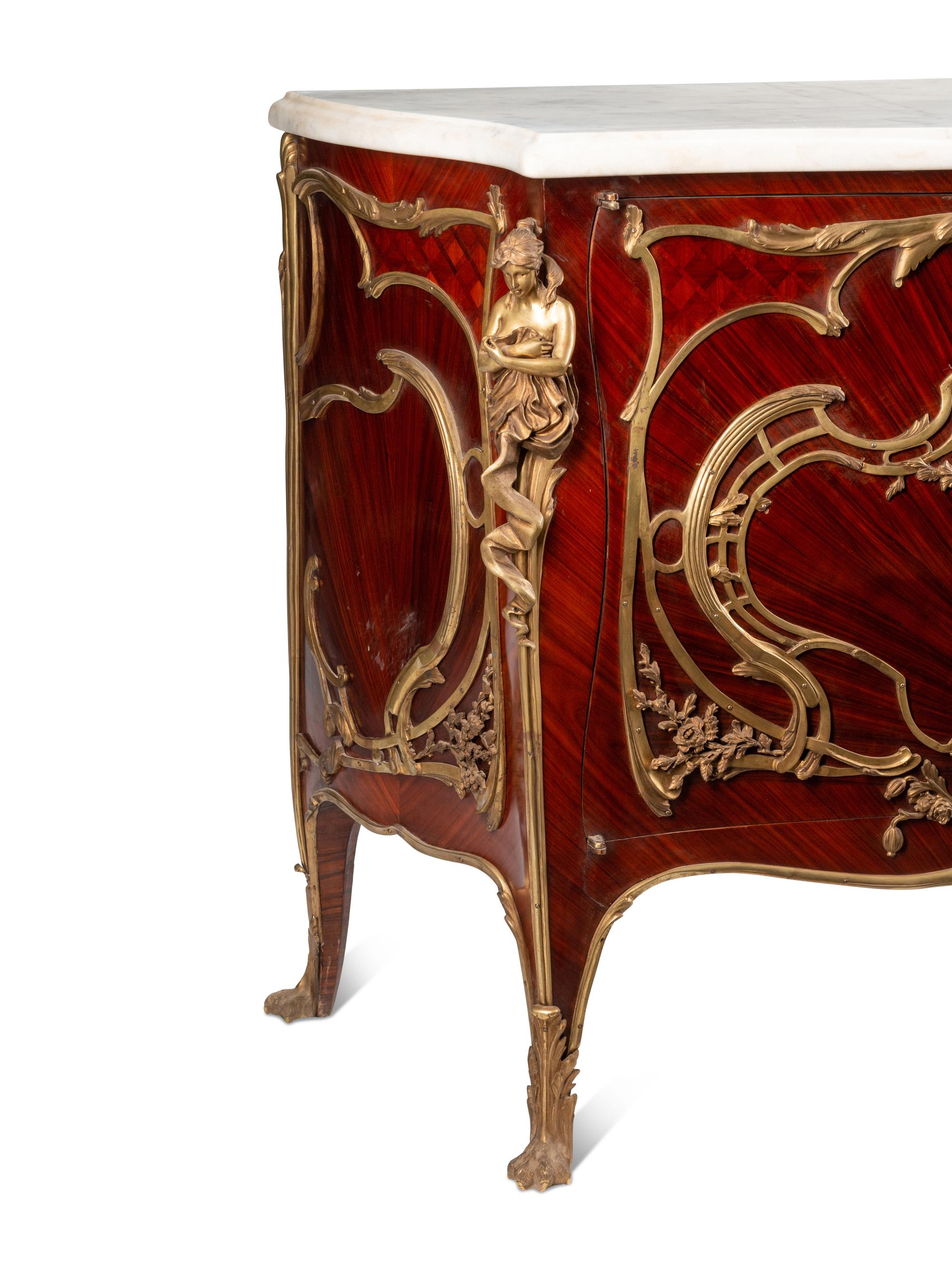 A Louis XV Style Gilt Bronze Mounted Parquetry Marble-Top Cabinet