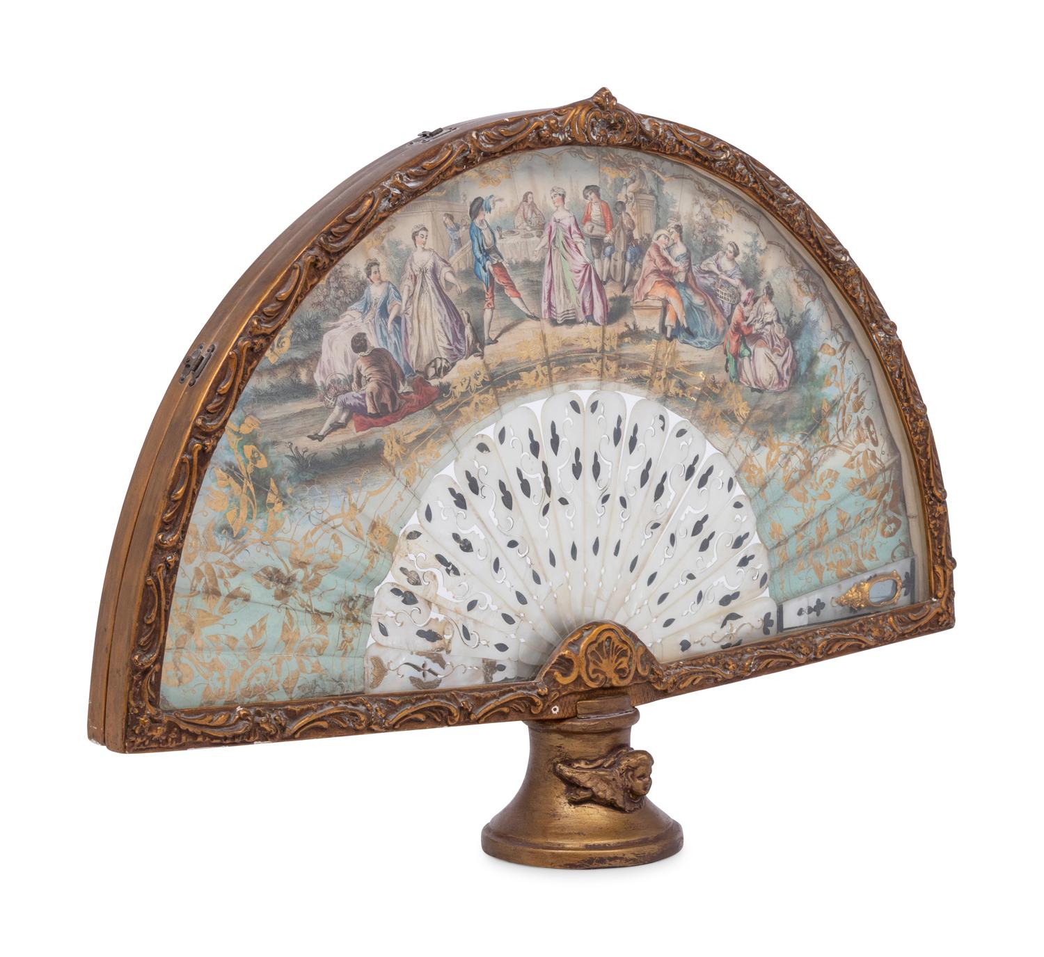 A French Framed Painted Paper and Mother-of-Pearl Fan