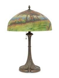 Reverse Painted Landscape Lamp Shade with Associated Base