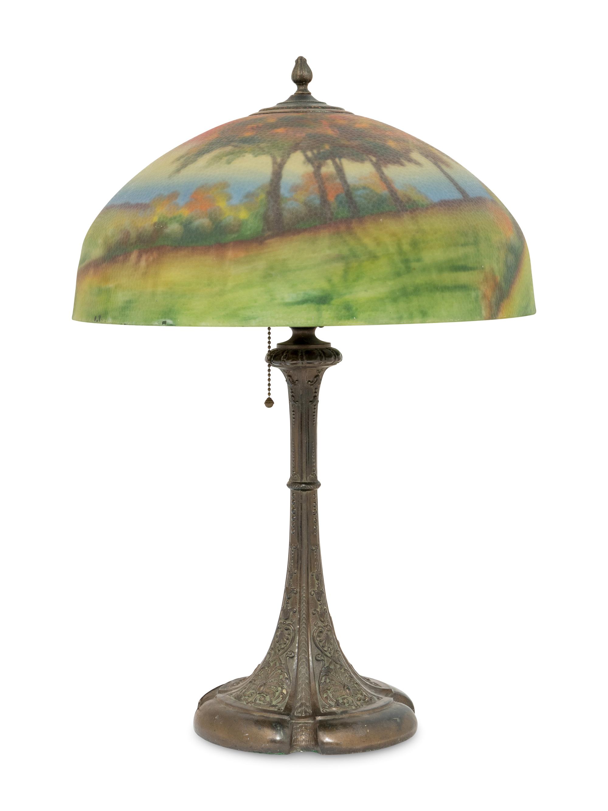 Reverse Painted Landscape Lamp Shade with Associated Base