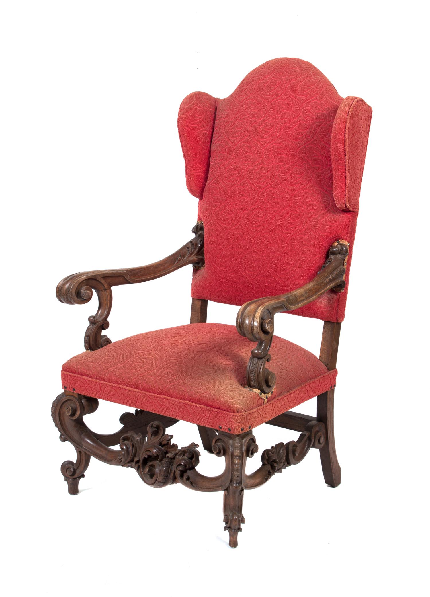 A Carved Burled Walnut Armchair Height 55 1/2 x width 26 x depth 27 inches.