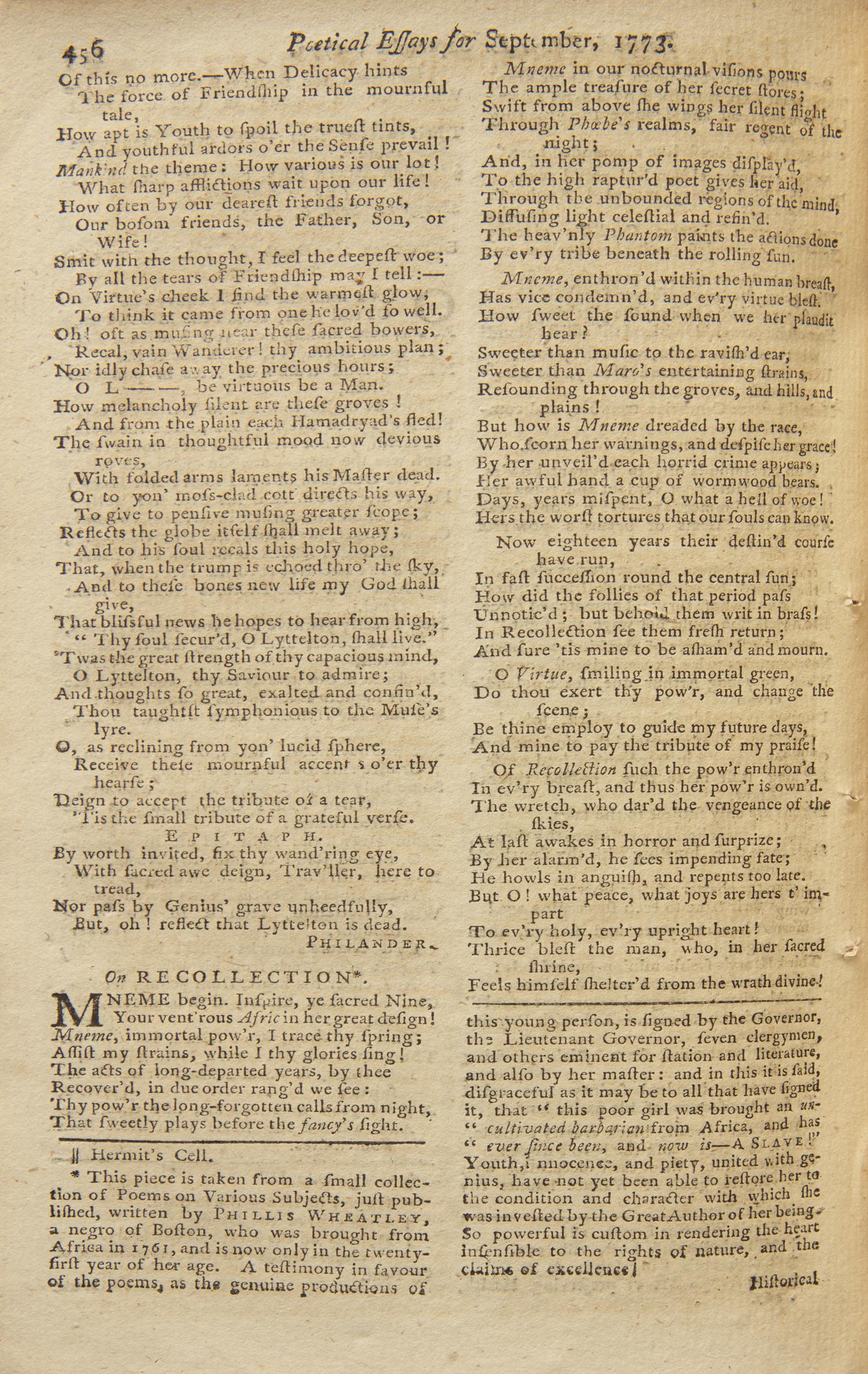 [African-Americana] [Wheatley, Phillis] Urban, Sylvanus. Phillis Wheatley's Fourth Published Poem "On Recollection"
