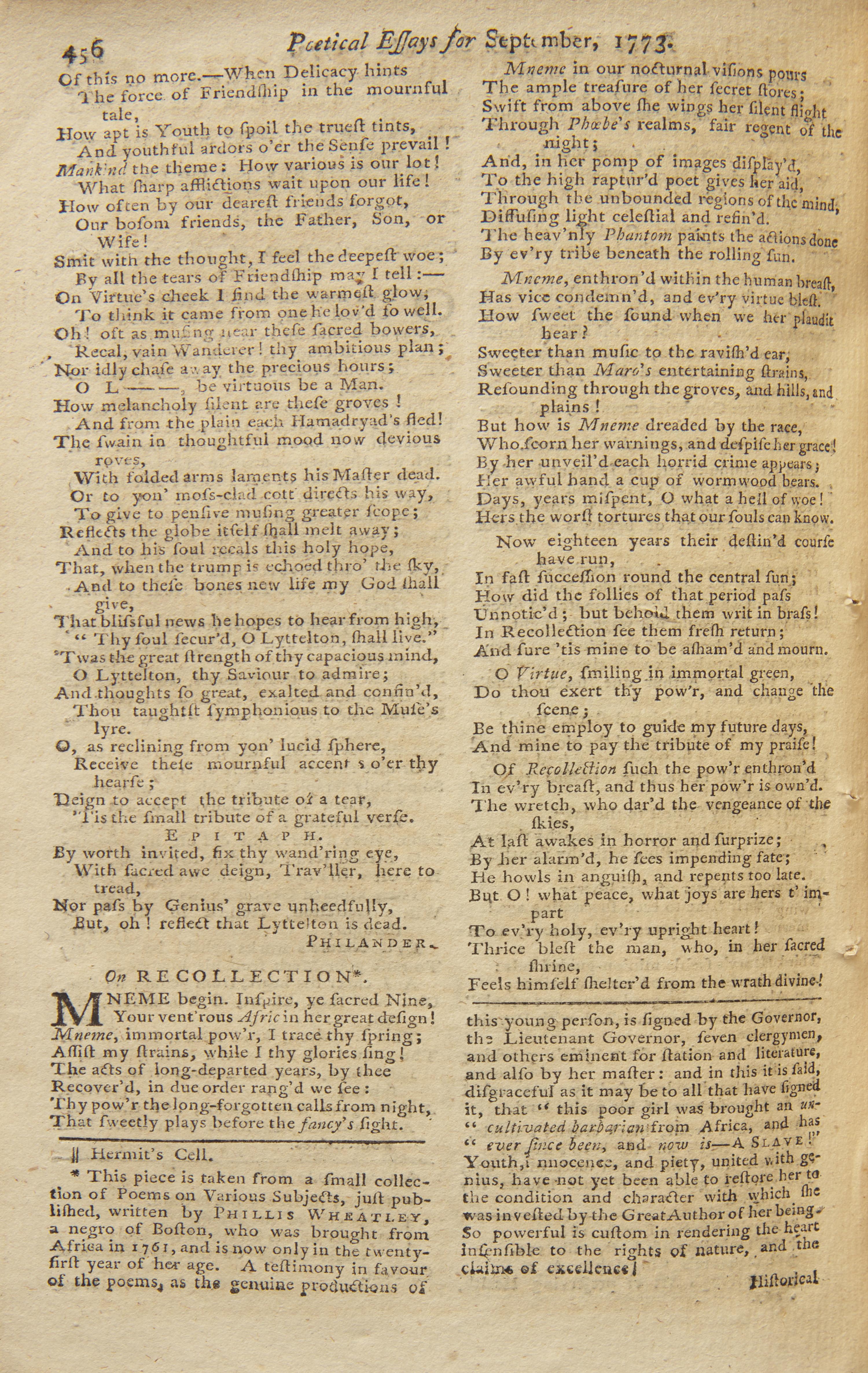 [African-Americana] [Wheatley, Phillis] Urban, Sylvanus. Phillis Wheatley's Fourth Published Poem "On Recollection"