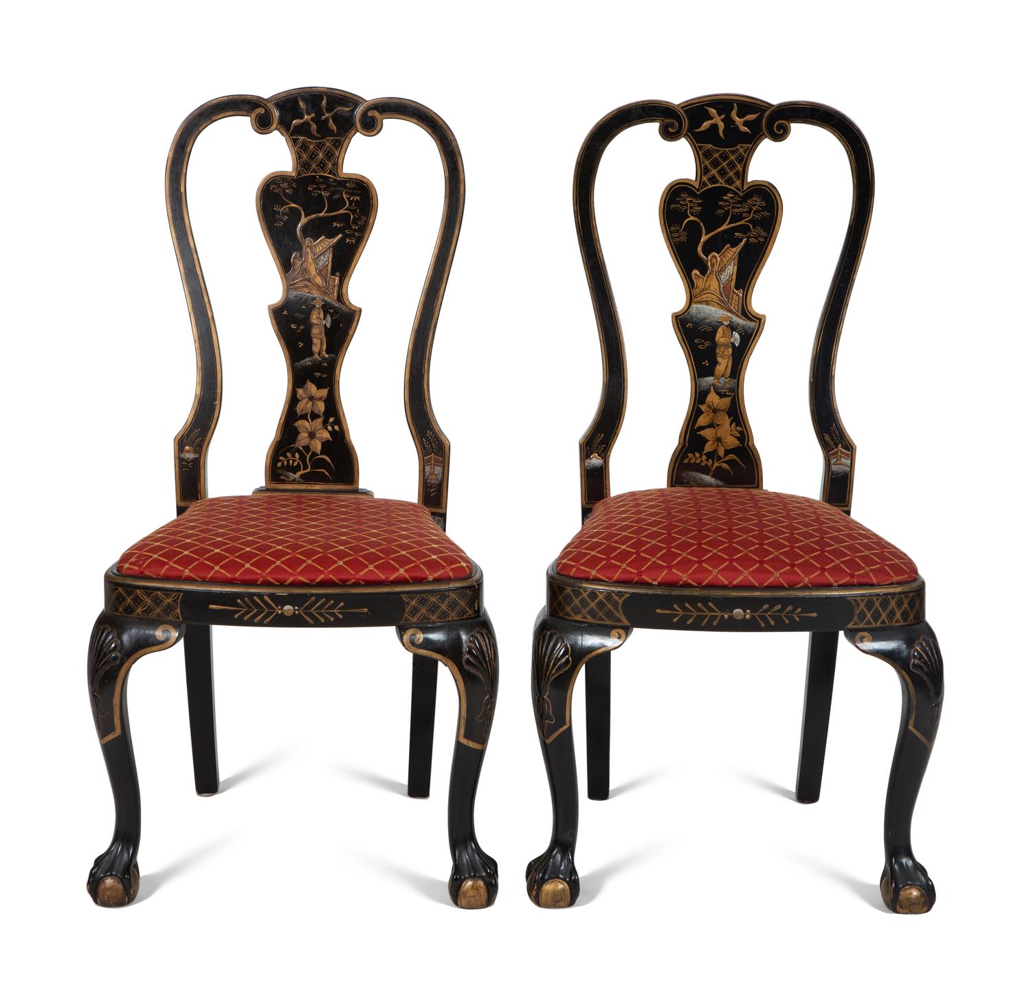 A Set of Eight George II Style Black and Gilt Japanned Dining Chairs