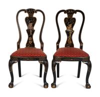 A Set of Eight George II Style Black and Gilt Japanned Dining Chairs