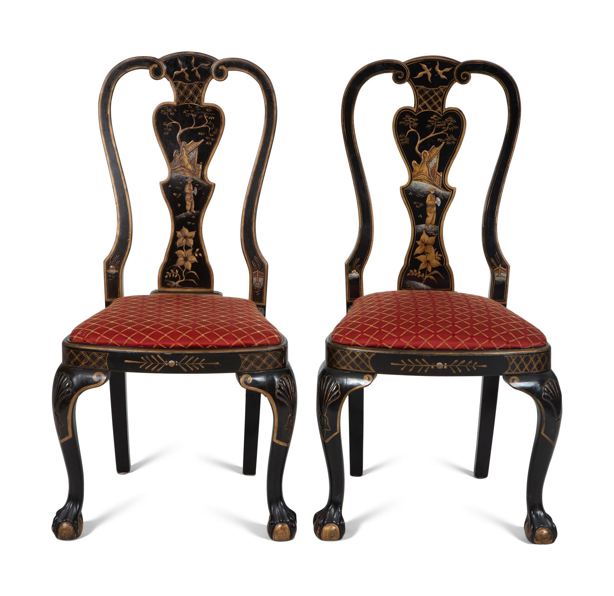 A Set of Eight George II Style Black and Gilt Japanned Dining Chairs