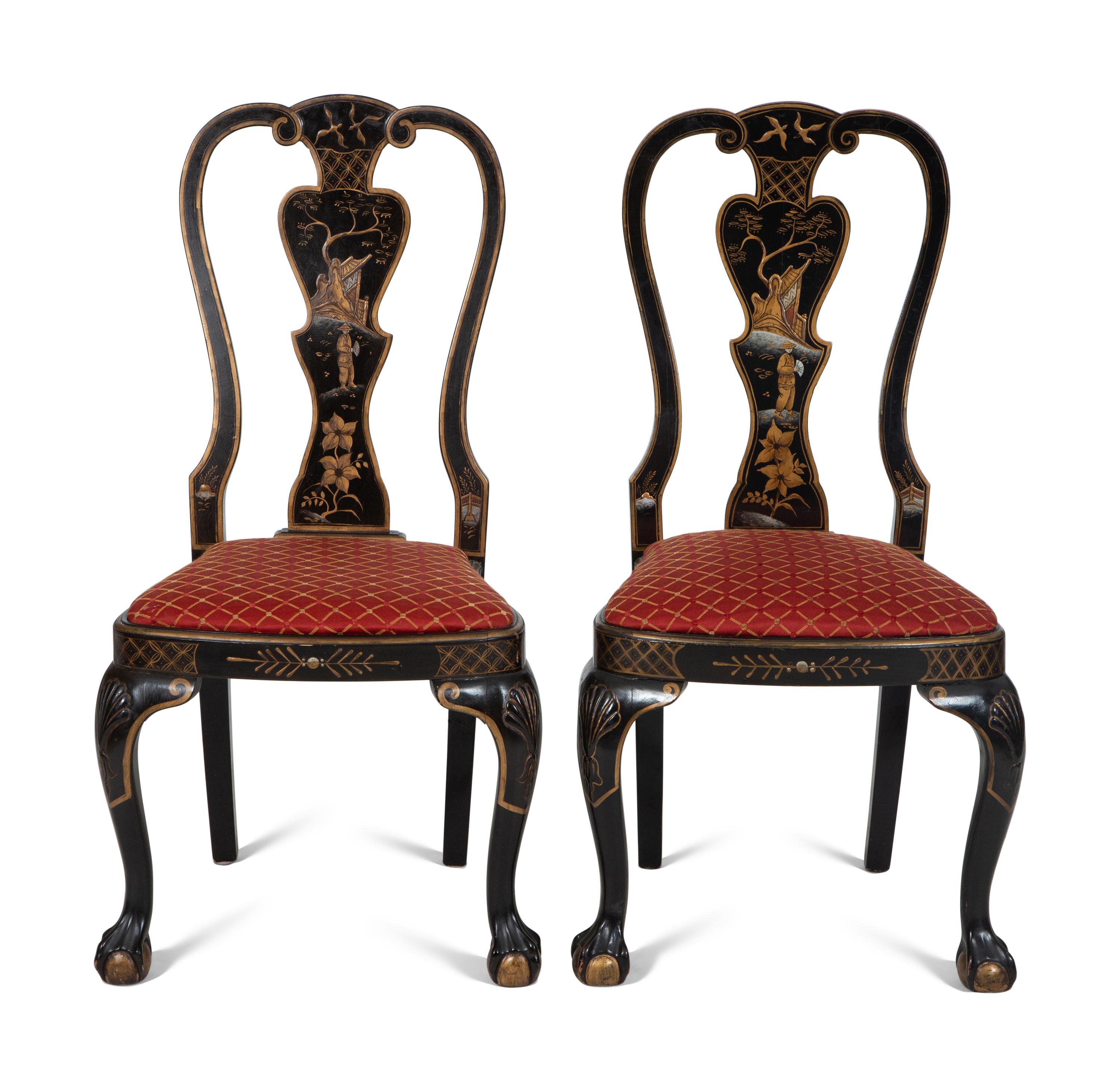 A Set of Eight George II Style Black and Gilt Japanned Dining Chairs