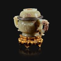 A Chinese pale celadon and brown jade censer and cover, mounts by Edward I. Farmer, New York the jade late Ming/early Qing Dynasty
