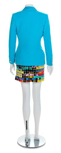 Atelier Versace Blue Jacket with Oroton Bodysuit and Multicolor Disc Skirt, A/W 1994 No size label
