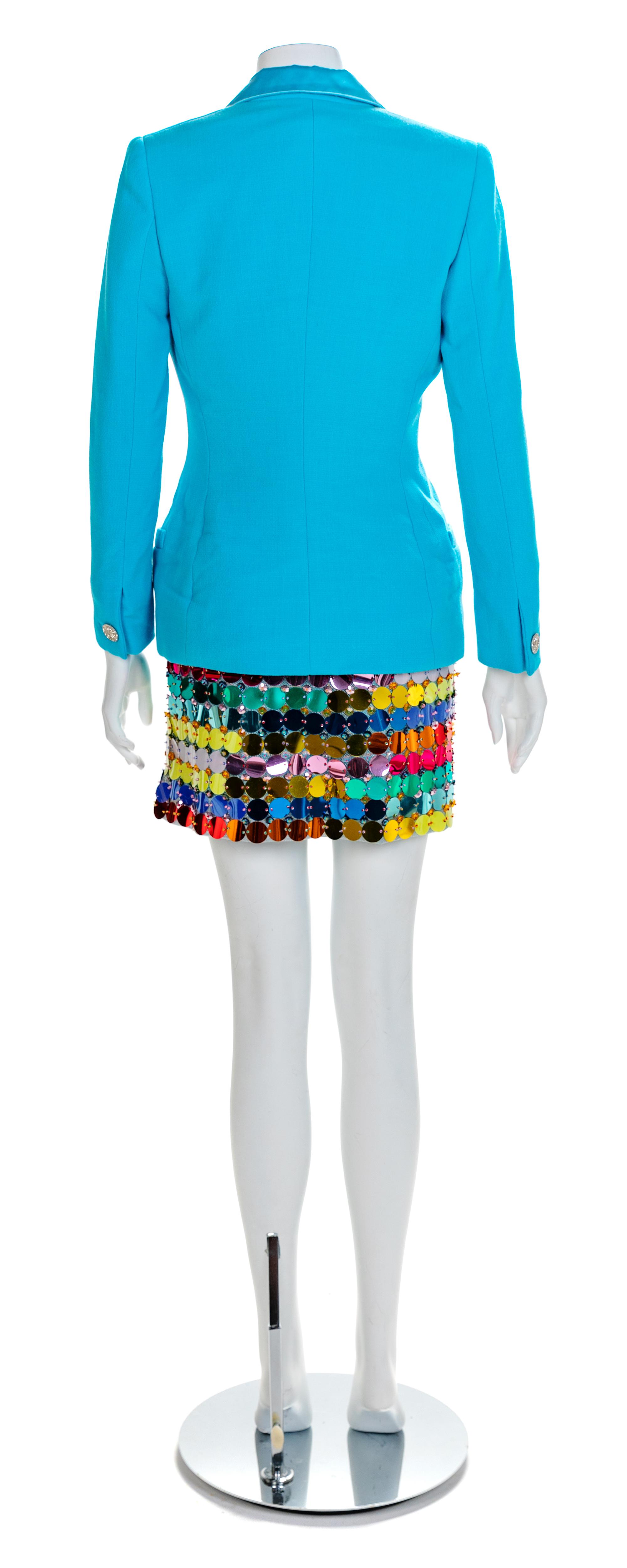 Atelier Versace Blue Jacket with Oroton Bodysuit and Multicolor Disc Skirt, A/W 1994 No size label
