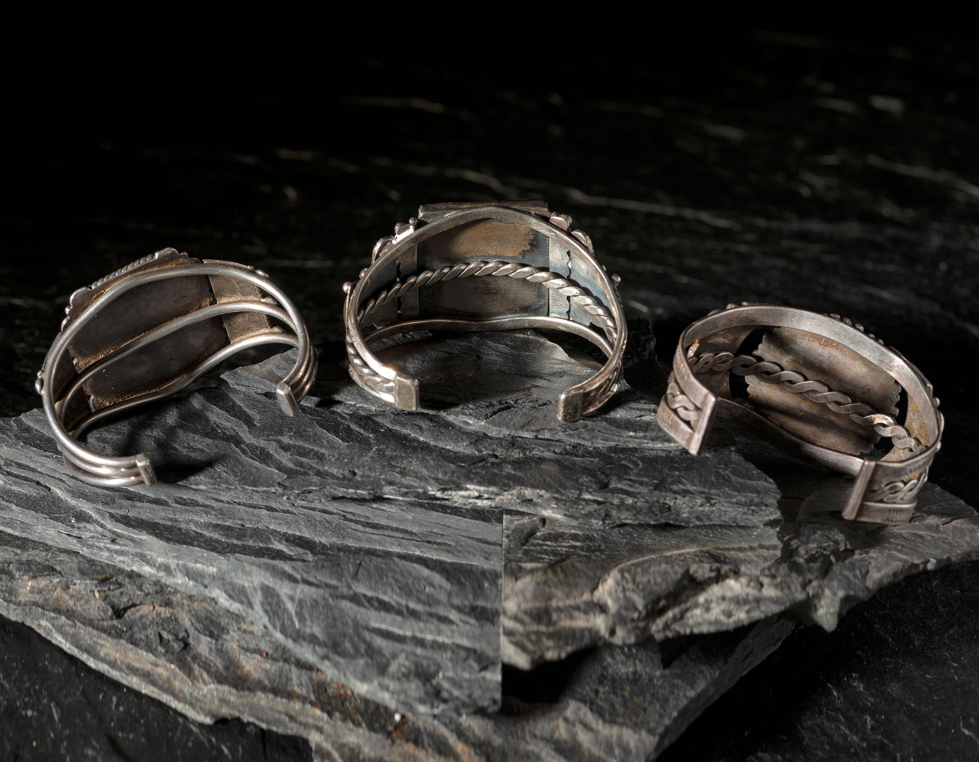Navajo and Zuni Silver Cuff Bracelets, with Inlay