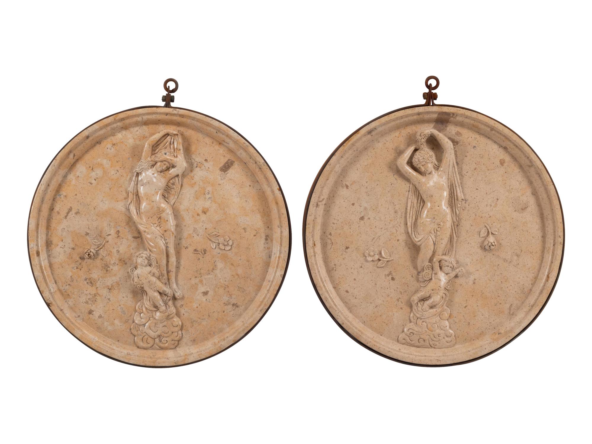 A Pair of Italian Grand Tour Style Iron Mounted Marble Plaques