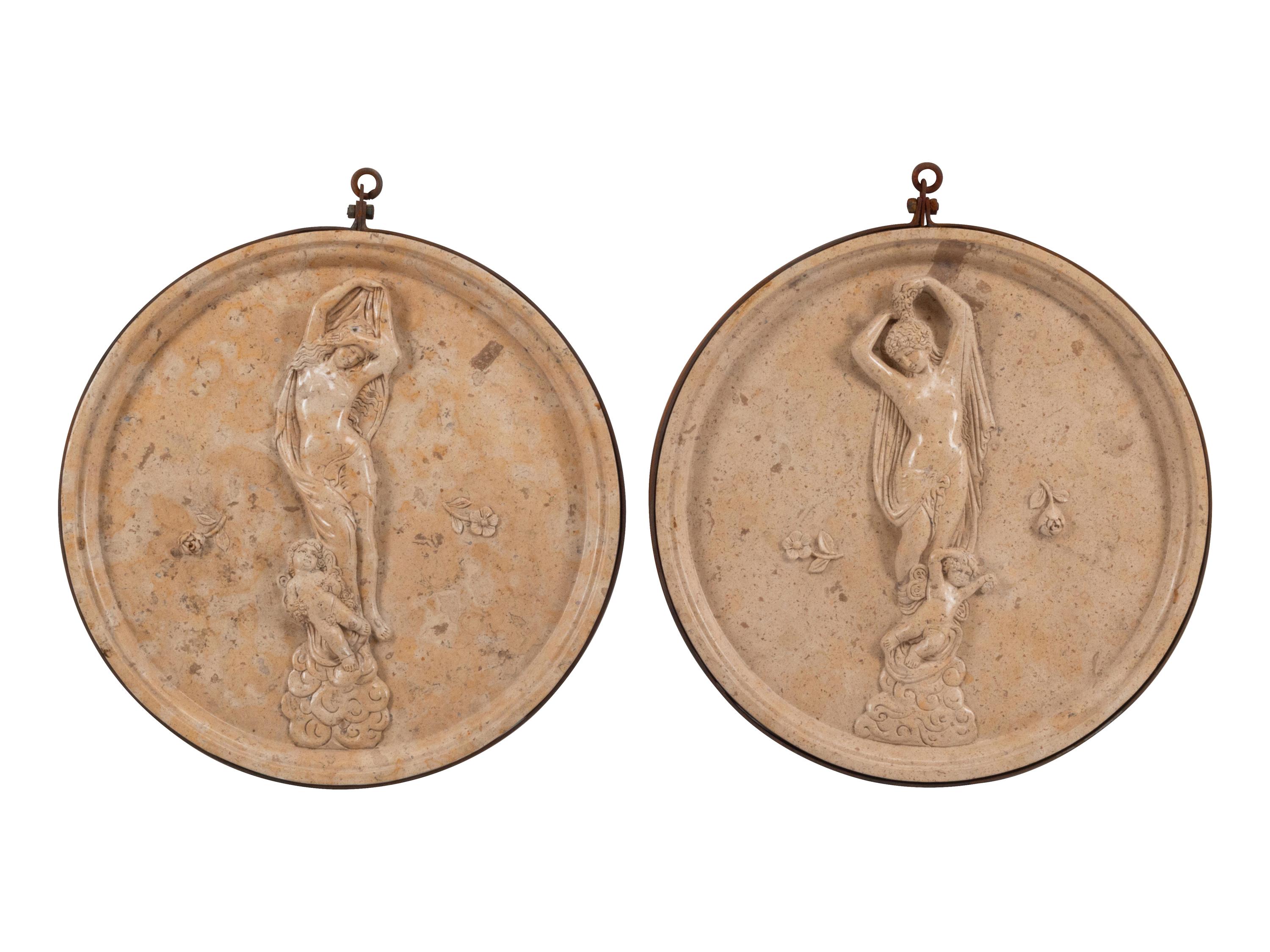 A Pair of Italian Grand Tour Style Iron Mounted Marble Plaques